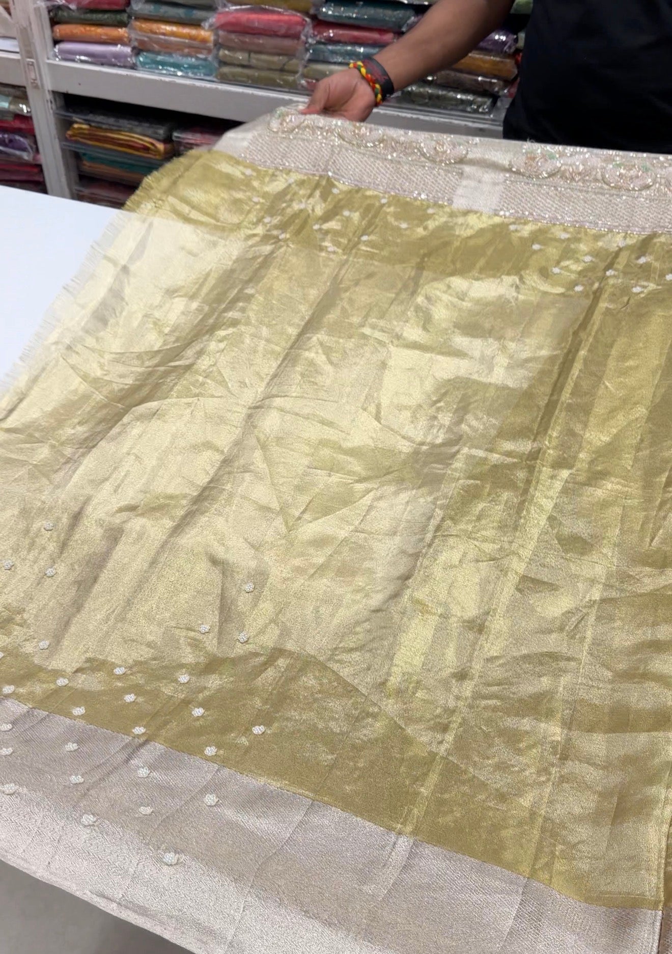 Green Kanjivaram Three Zari Hand Embroidery Zardosi Moti Sequin Saree