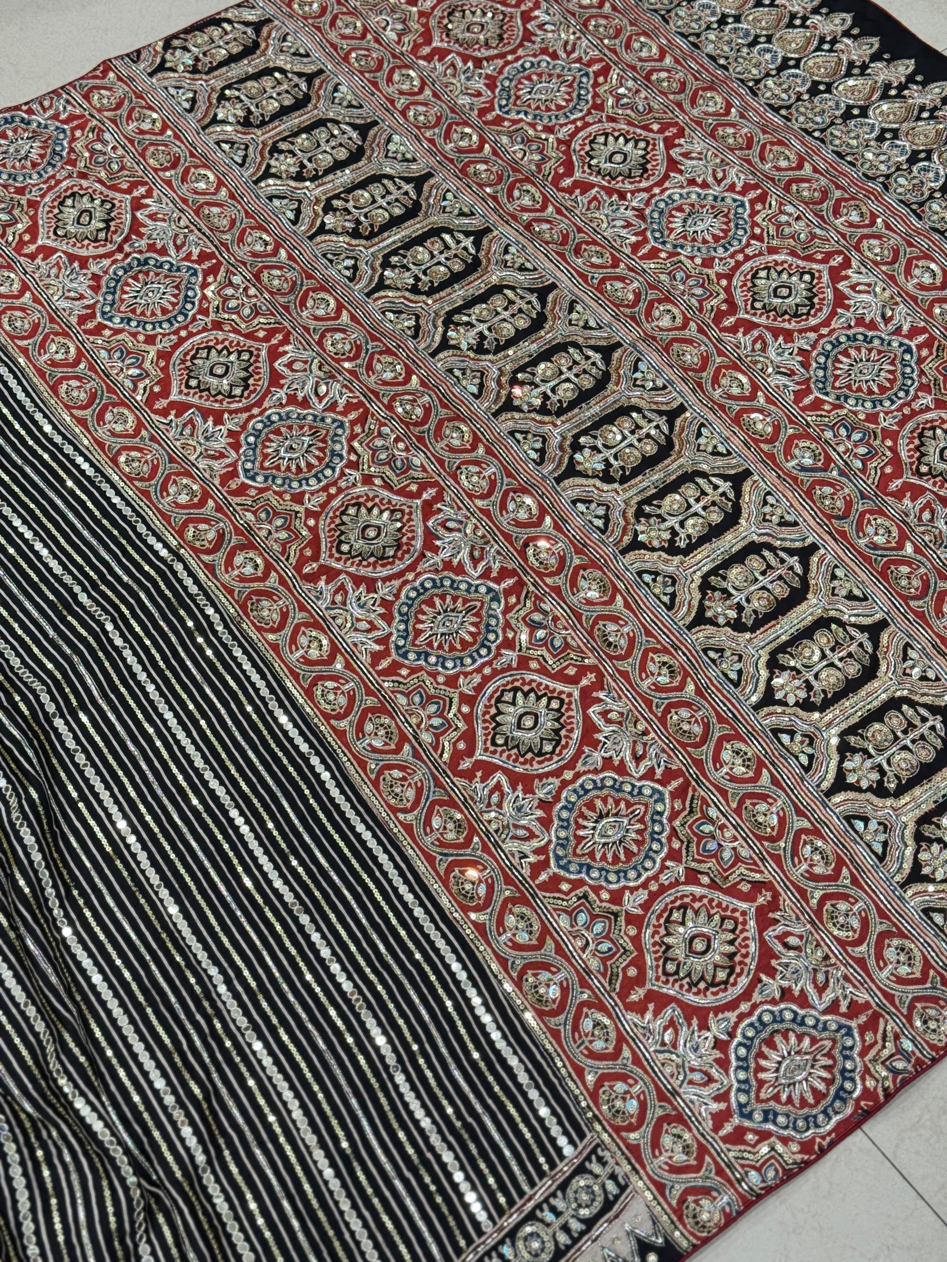 Black Red Contemporary Mirror Ajrakh Hand Embroidery Saree