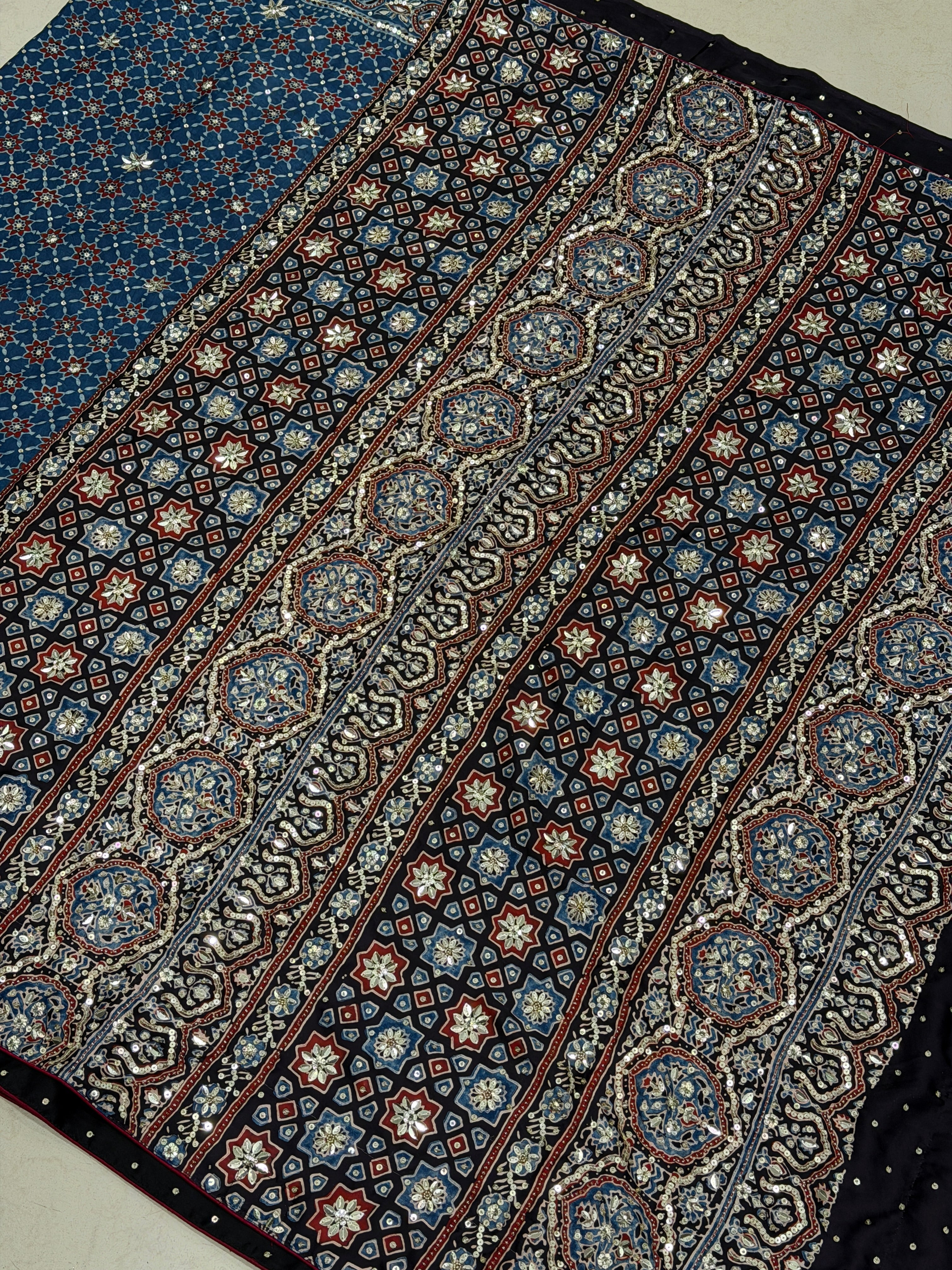 Blue Jaal Ajrakh Sequin Moti Hand Embroidery Saree