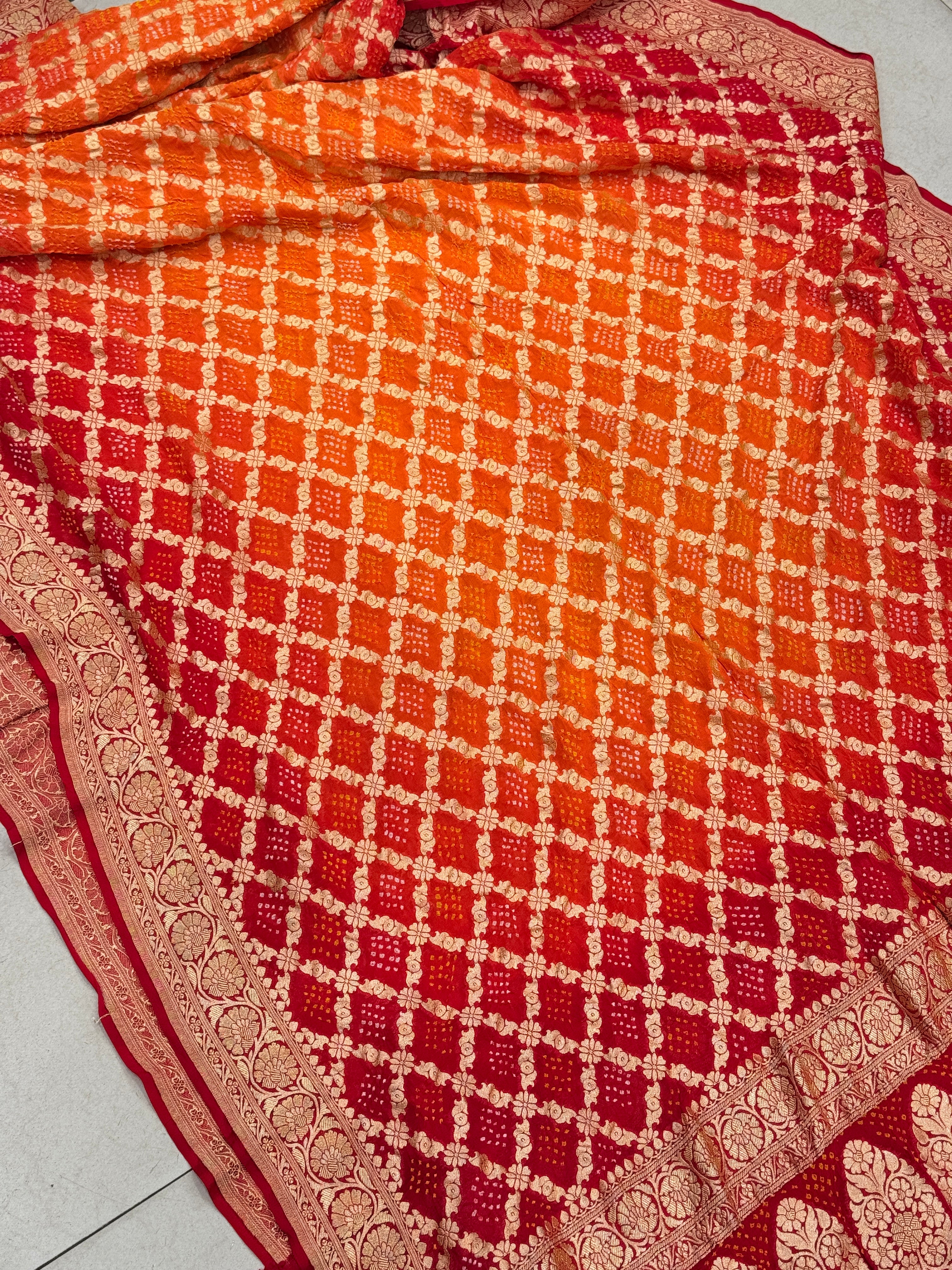 Red Orange Bandhej Bandhini Saree