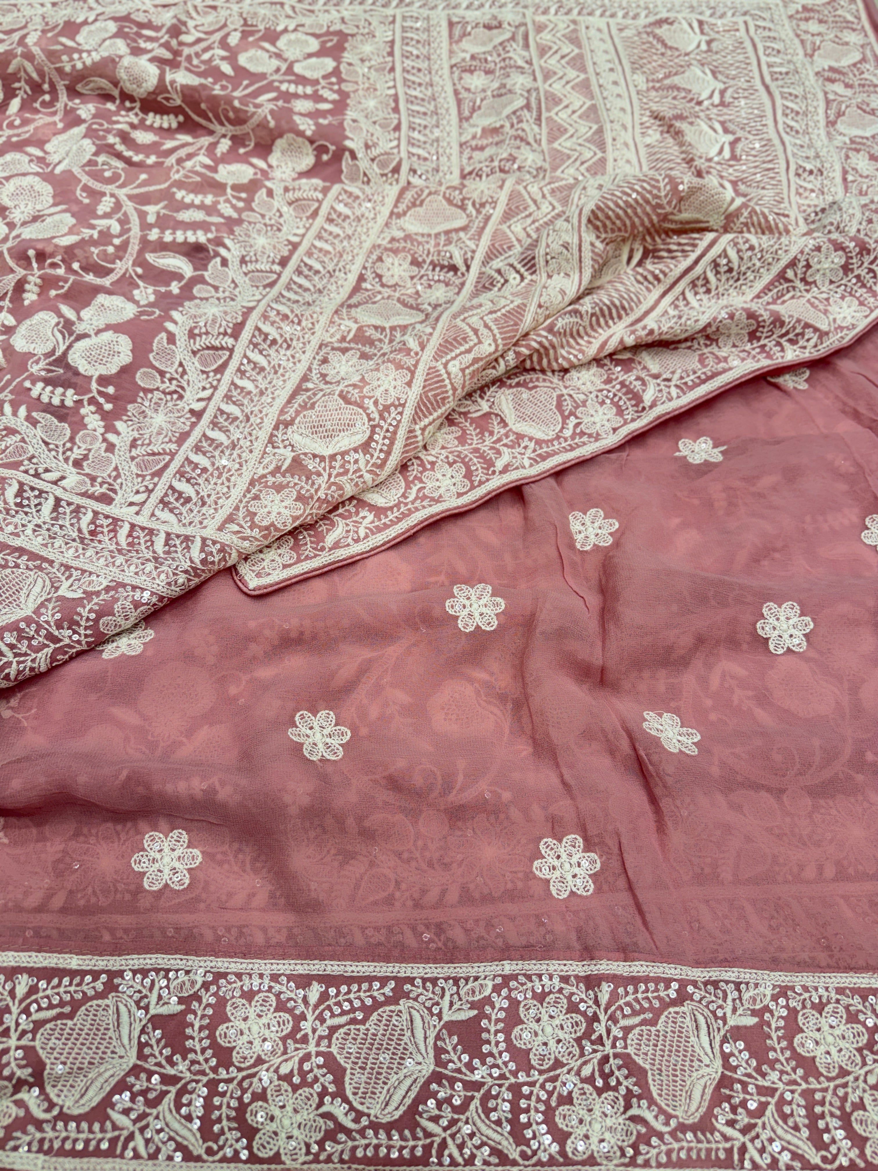 Pink Georgette Chikankari Resham Saree