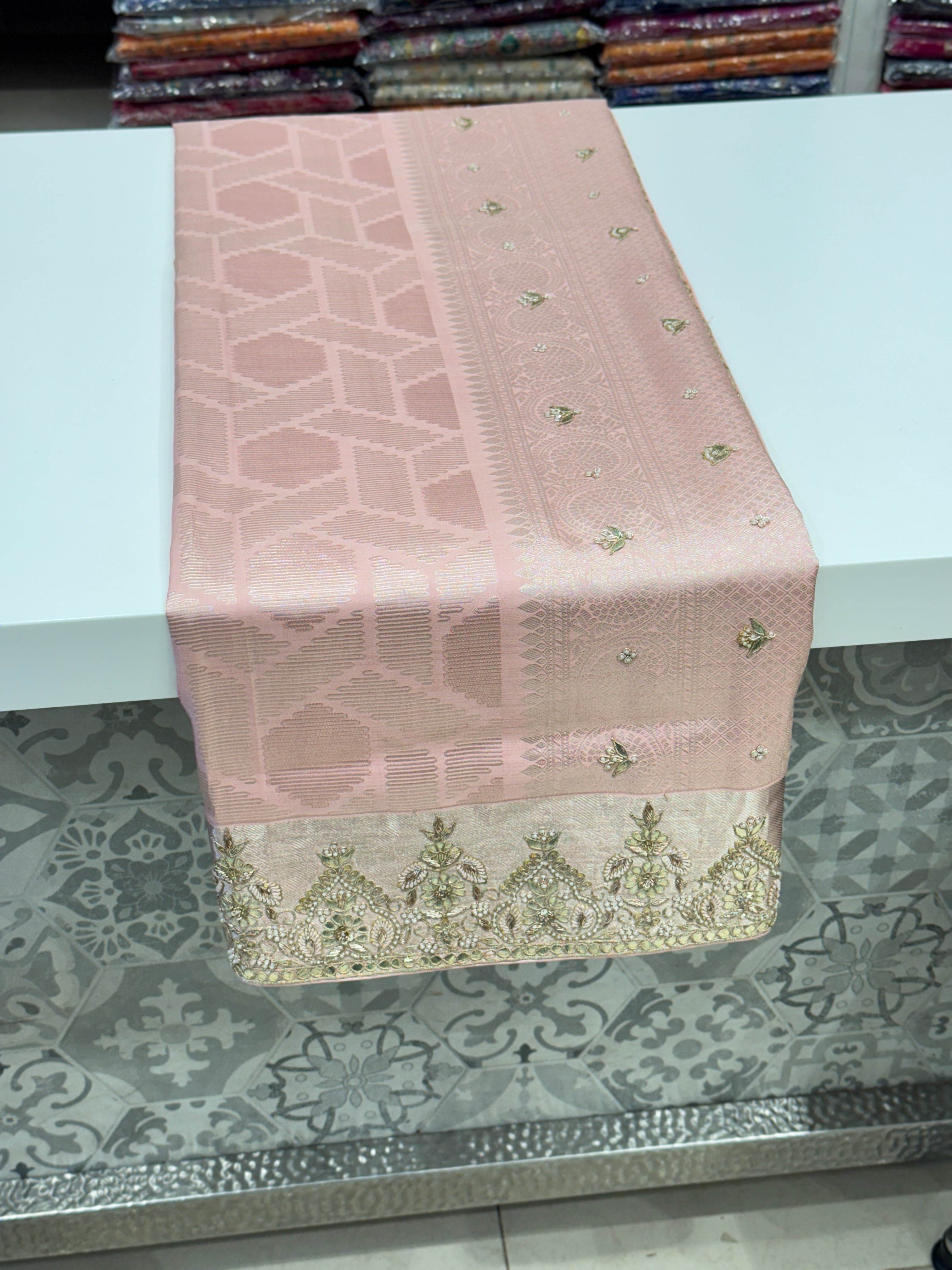 Pink Contemporary Kanjivaram Zardosi Hand Embroidery Saree