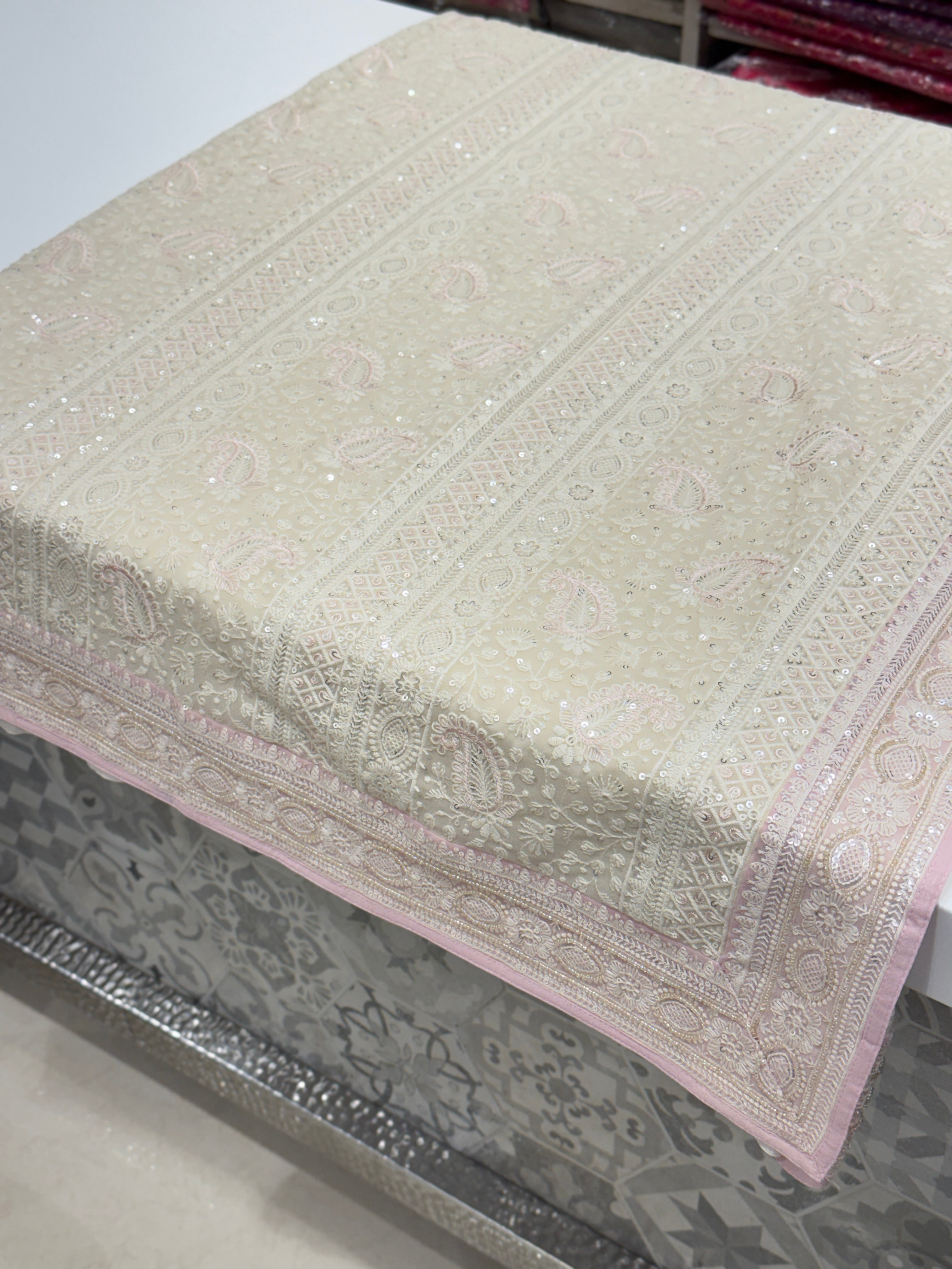White Pink Chikankari Saree Floral Design with Moti Embroidery