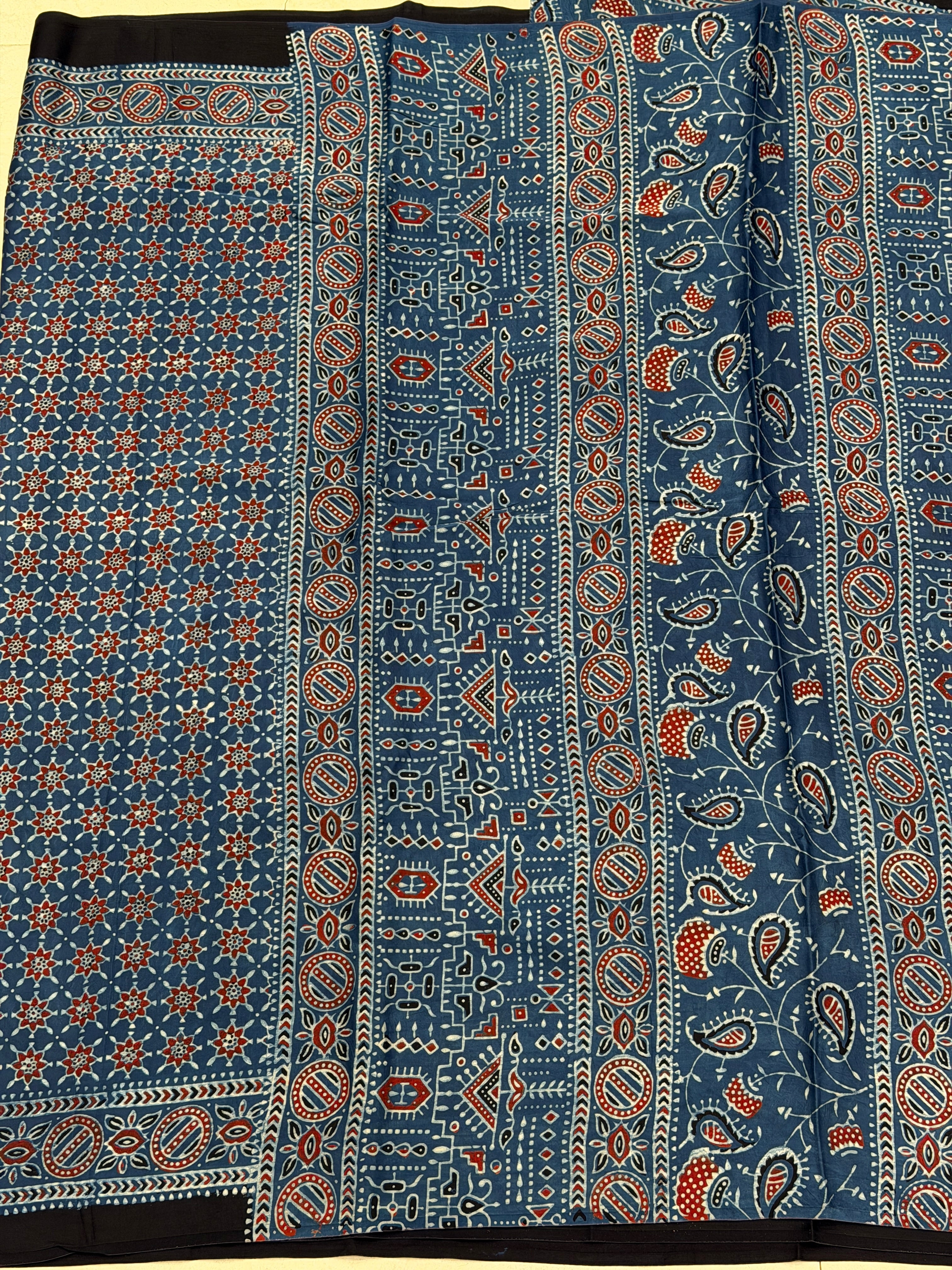 Blue Star Butti Ajrakh Hand Block Print Pure Modal Silk Saree