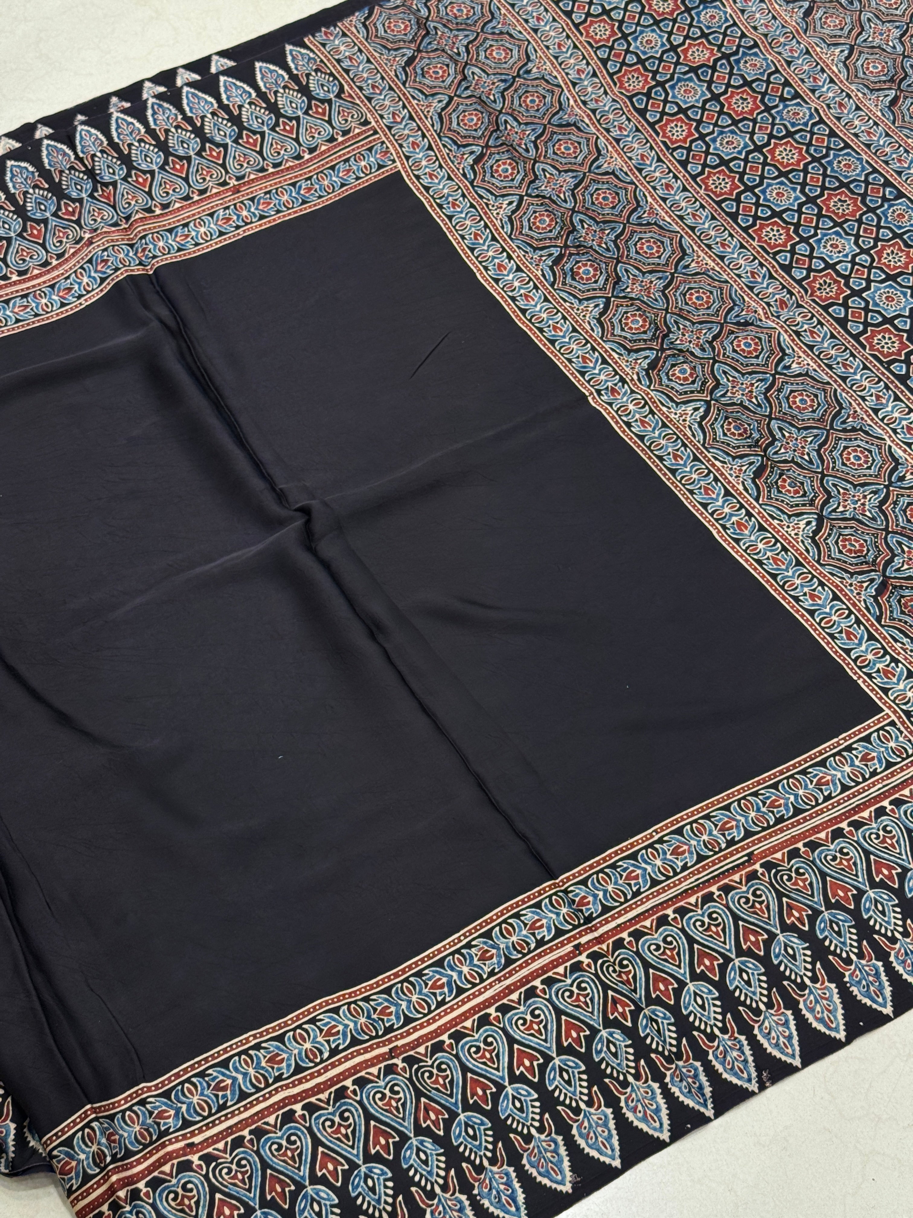 Black Border Contemporary Ajrakh Hand Block Print Pure Gajji Silk Saree
