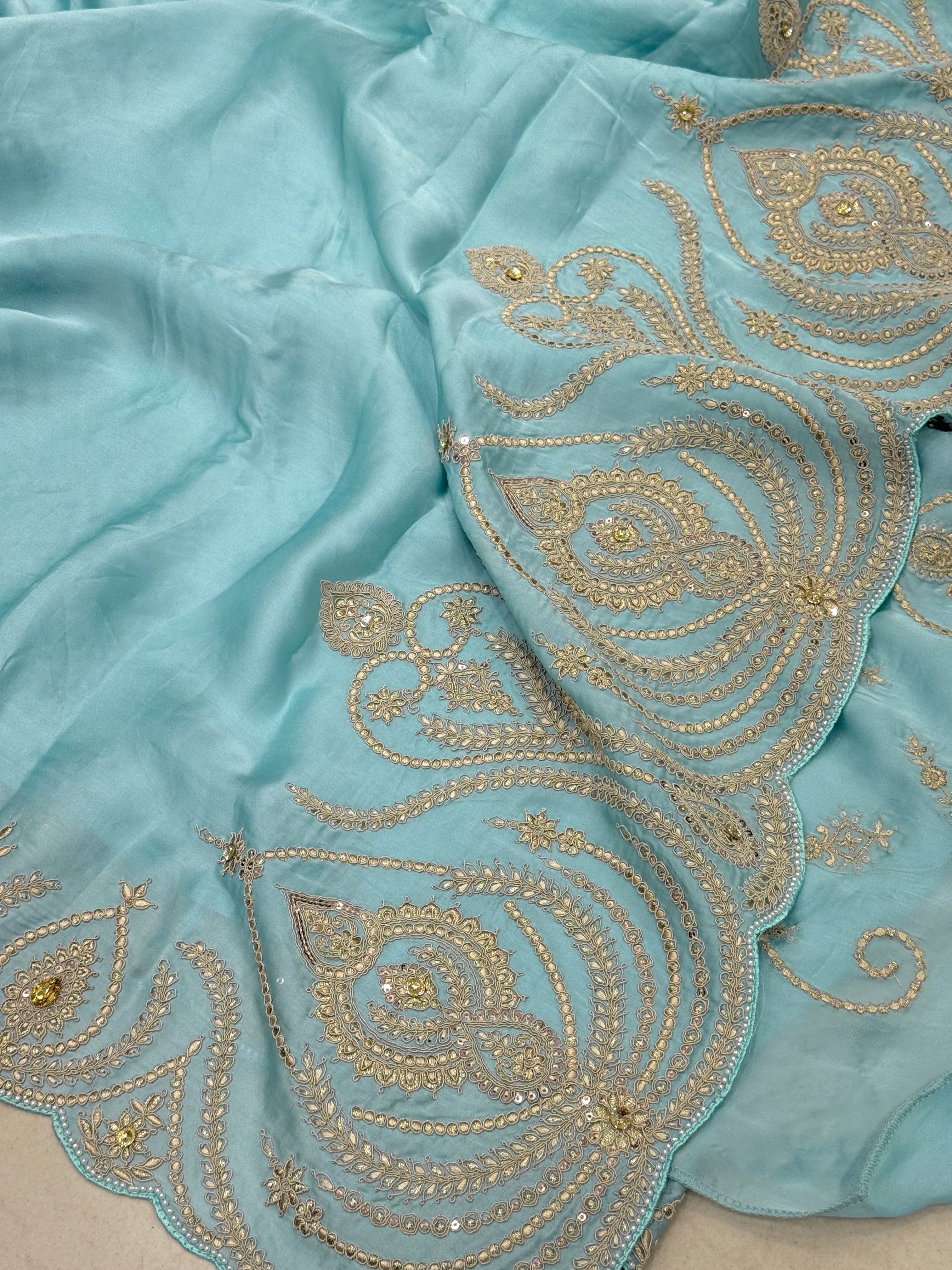 Blue Satin Organza Zari & Thread Embroidery Saree