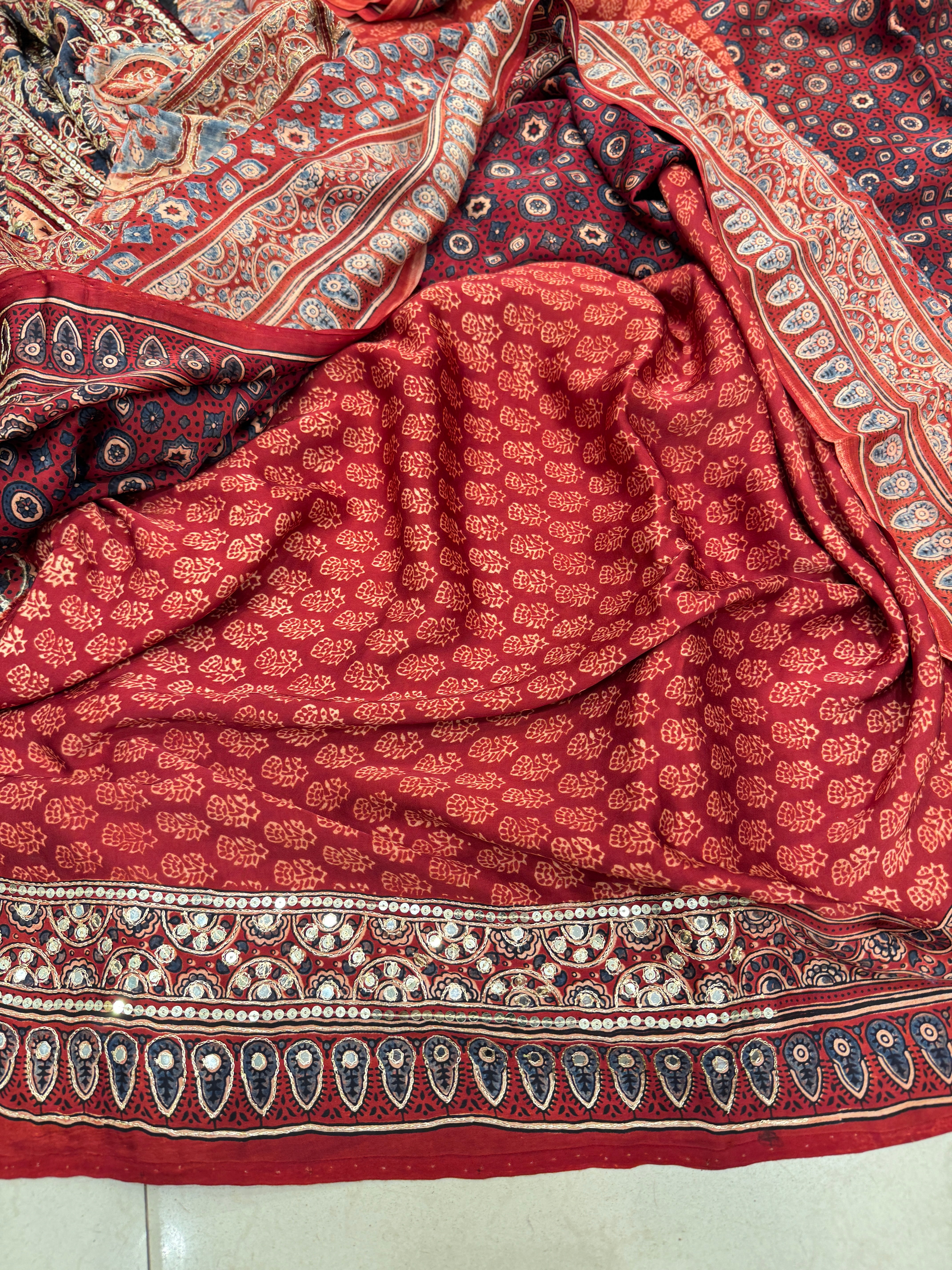 Red Alia Bhatt Inspired Hand Embroidery Ajrakh Saree