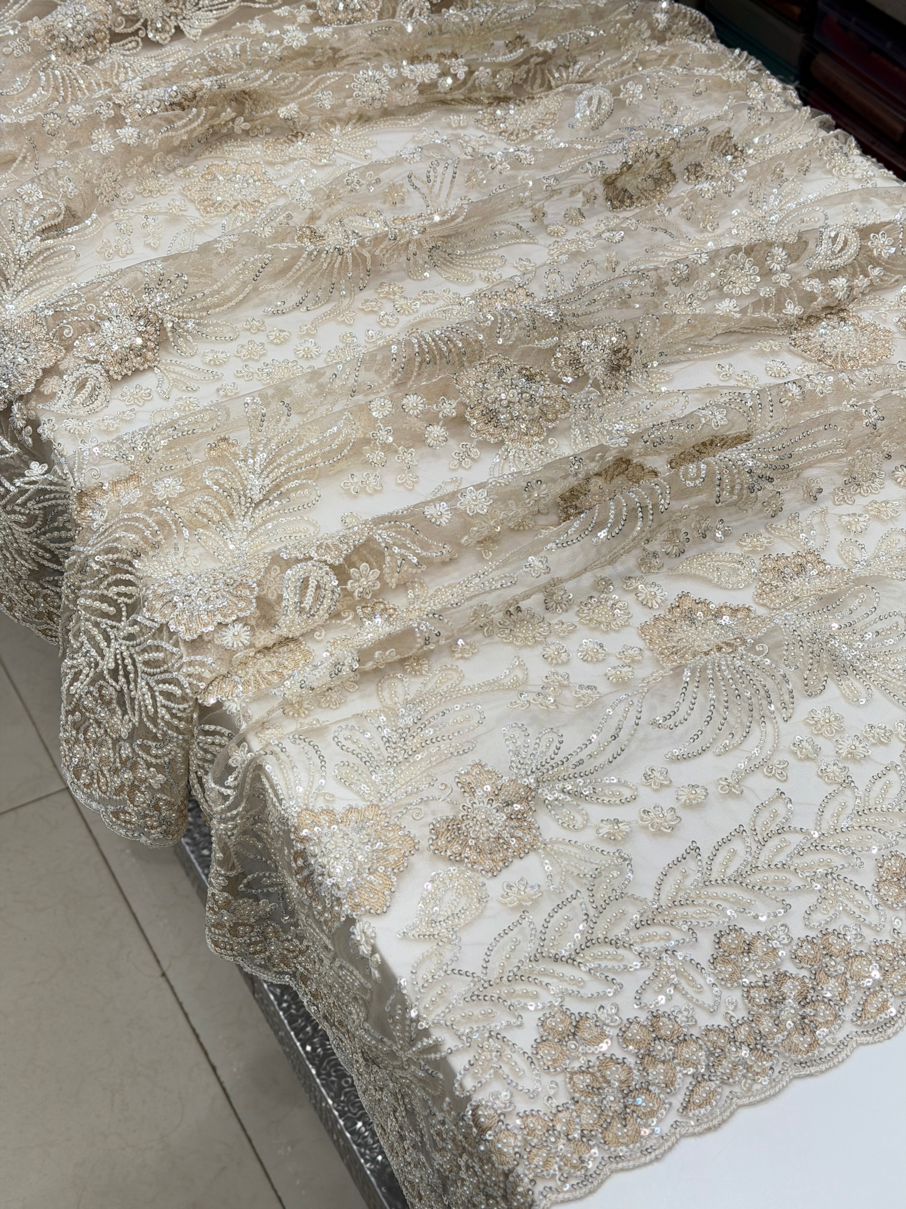 Beige Resham Moti Jaal Net Embroidery Saree Heavy Blouse