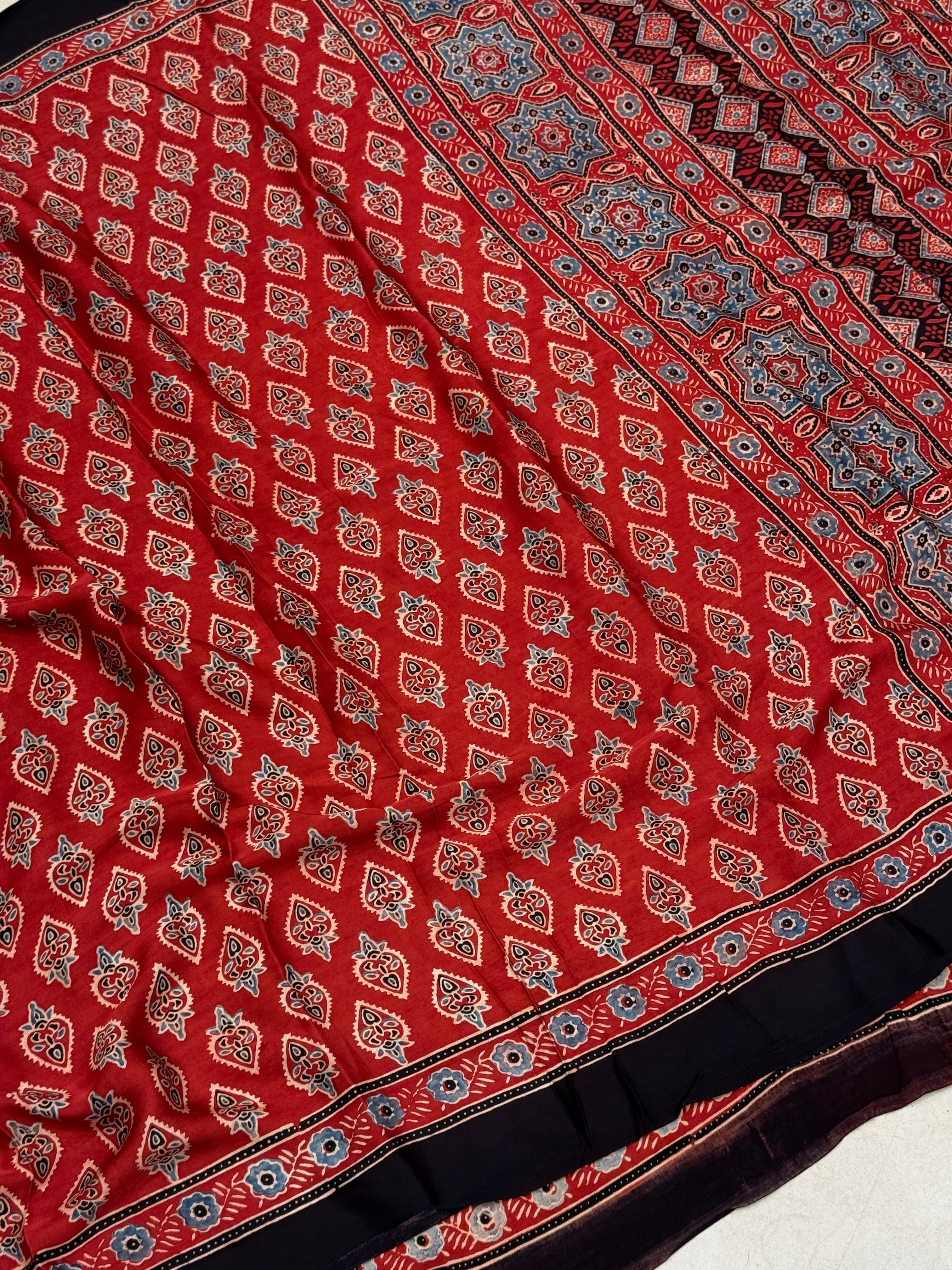 Red Buttis Ajrakh Block Print Hand Pure Gajji Silk Saree