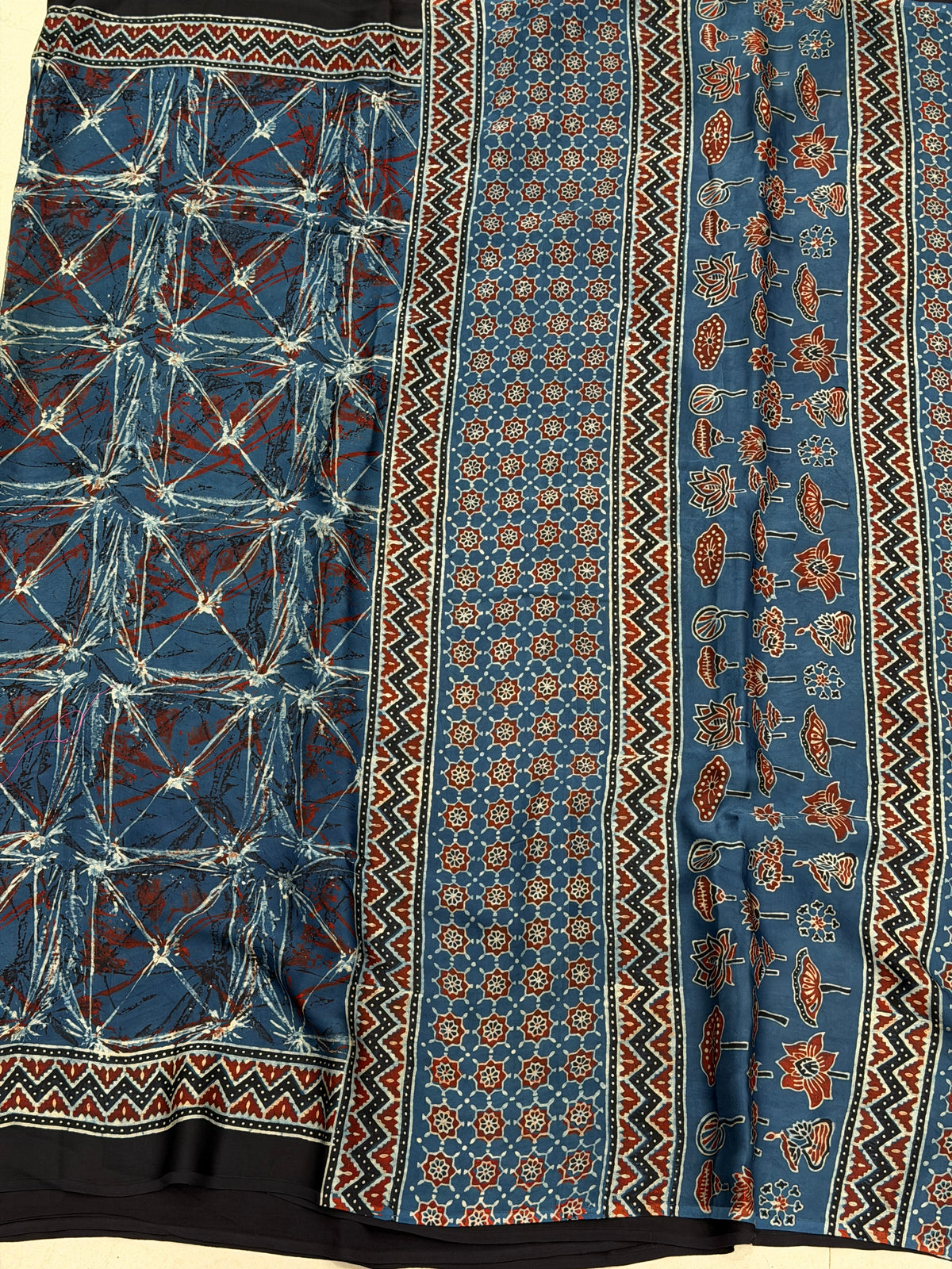 Blue Abstract Ajrakh Hand Block Print Pure Gajji Silk Saree