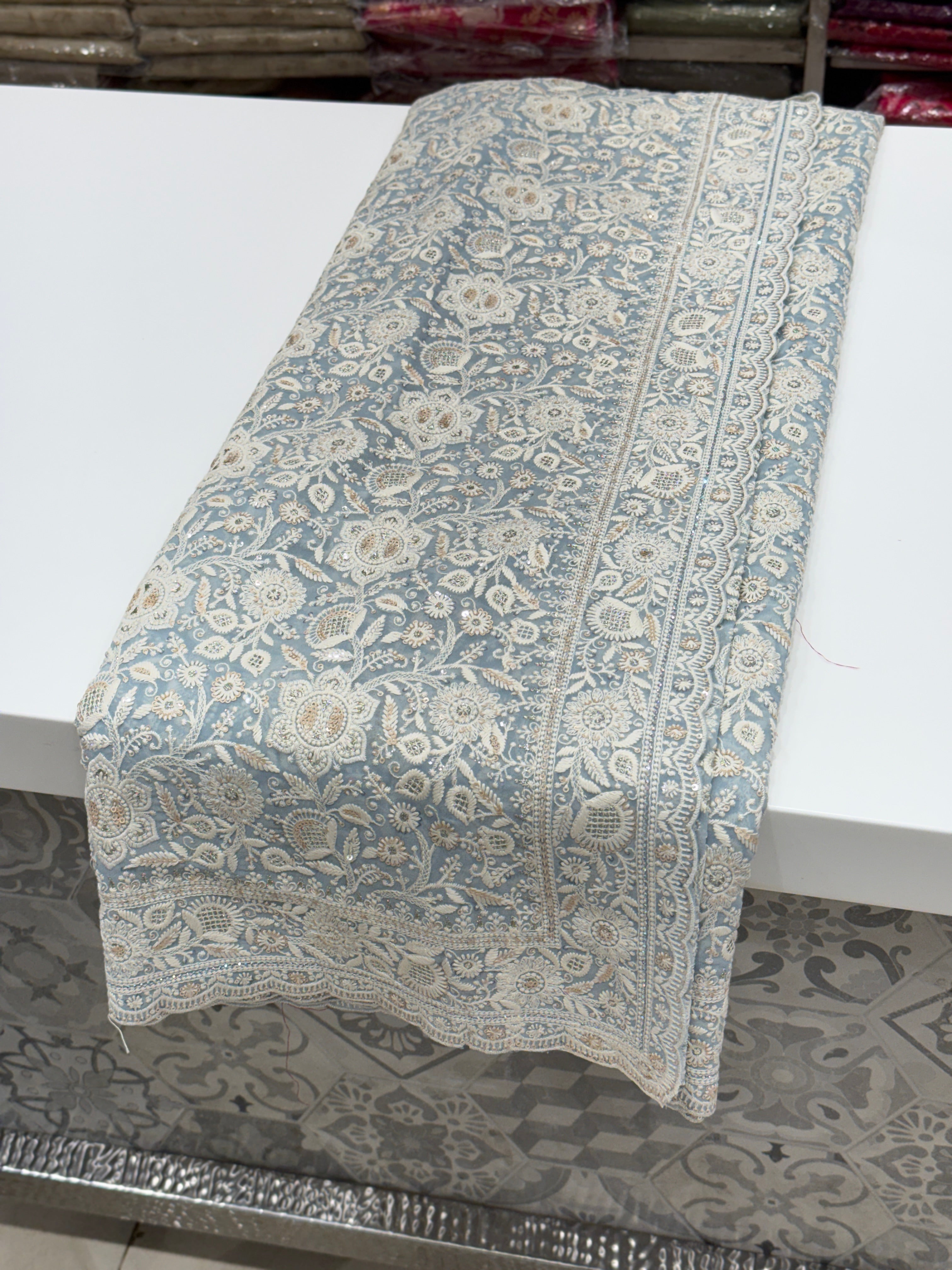 Powder Blue Chikankari Small Scallop Design Saree