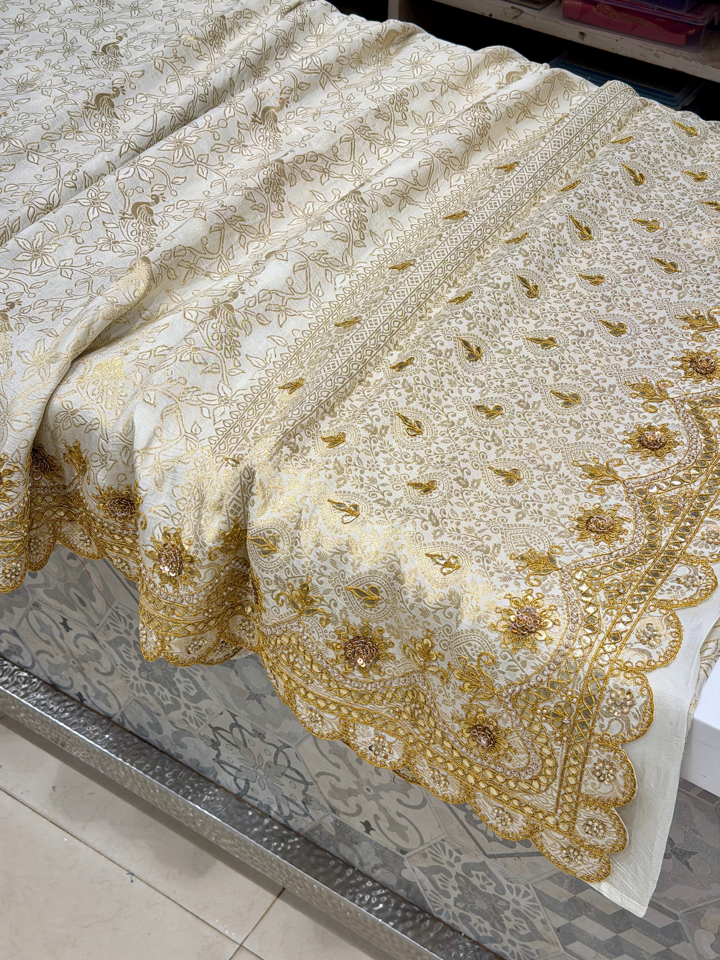 Moti White Banarasi Crepe Hand Gotapatti Marodi Saree