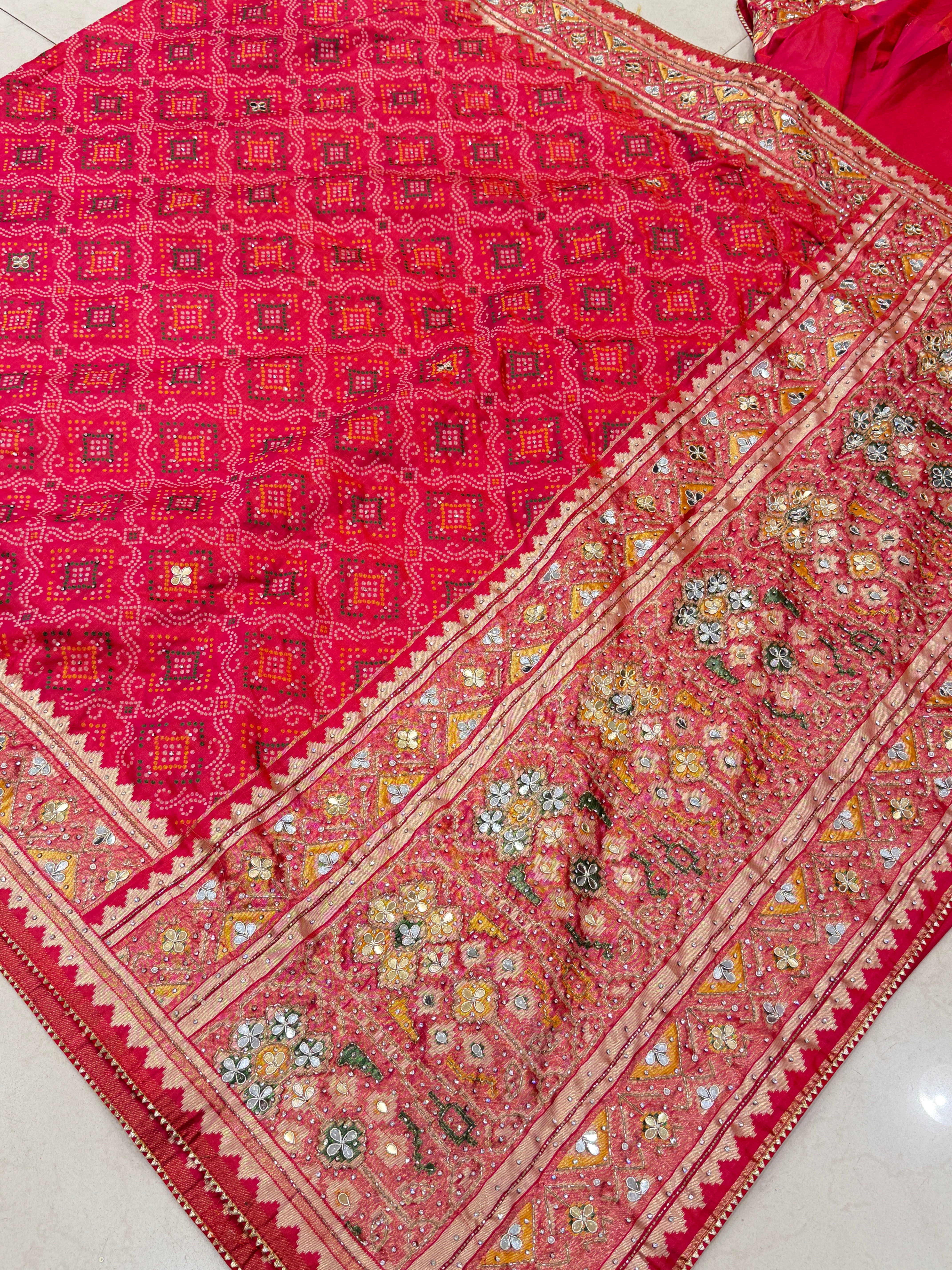 Rani Pink Patola Bandhej Saree Hand Embroidery Saree