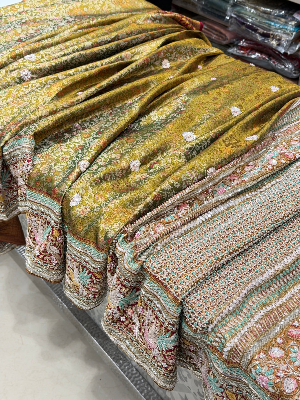 Green Contrast Meenakari Tissue Kanjivaram Zardosi Hand Embroidery Saree