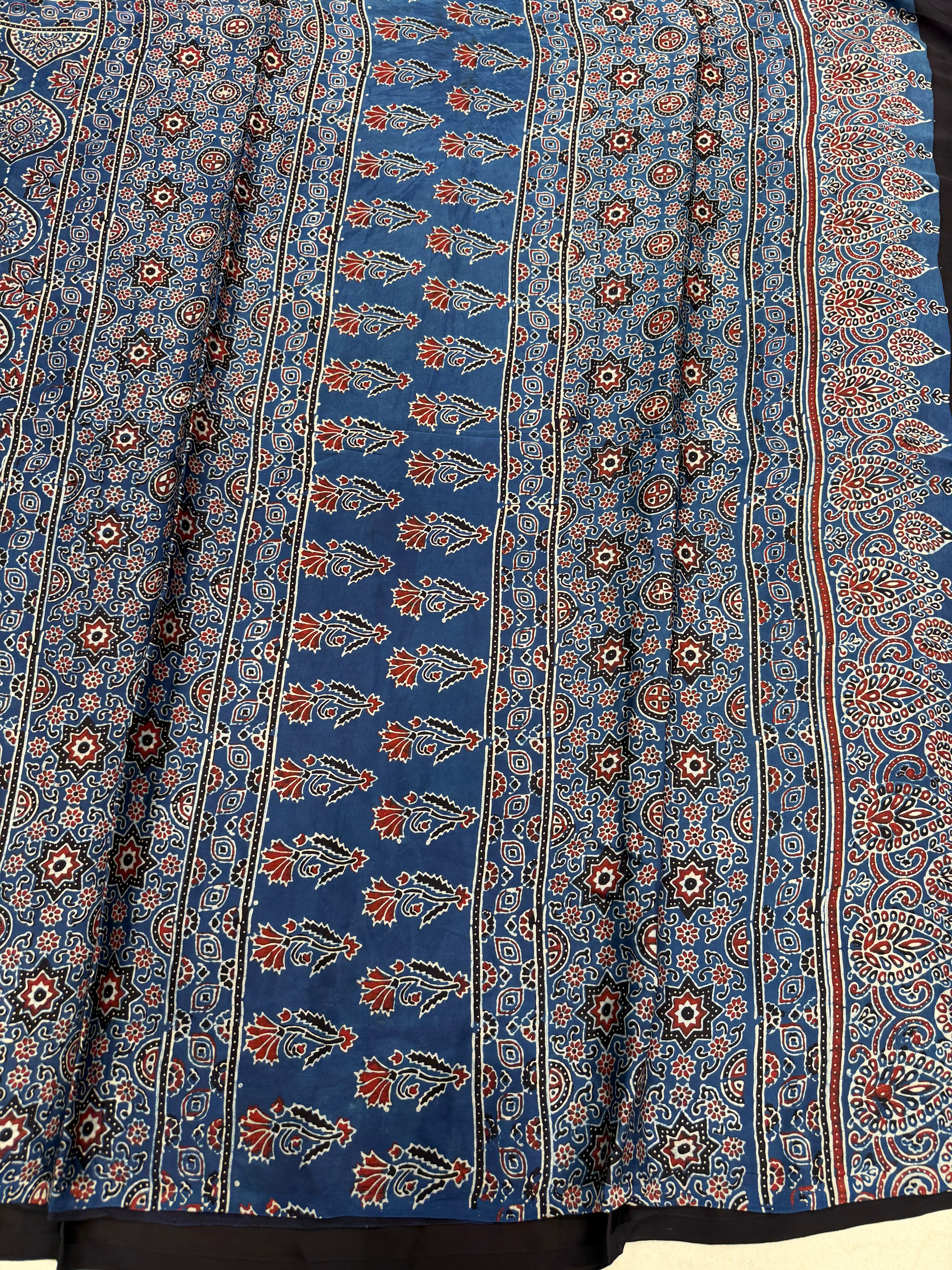 Blue Badam Jaal Ajrakh Hand Block Print Pure Gajji Silk Saree