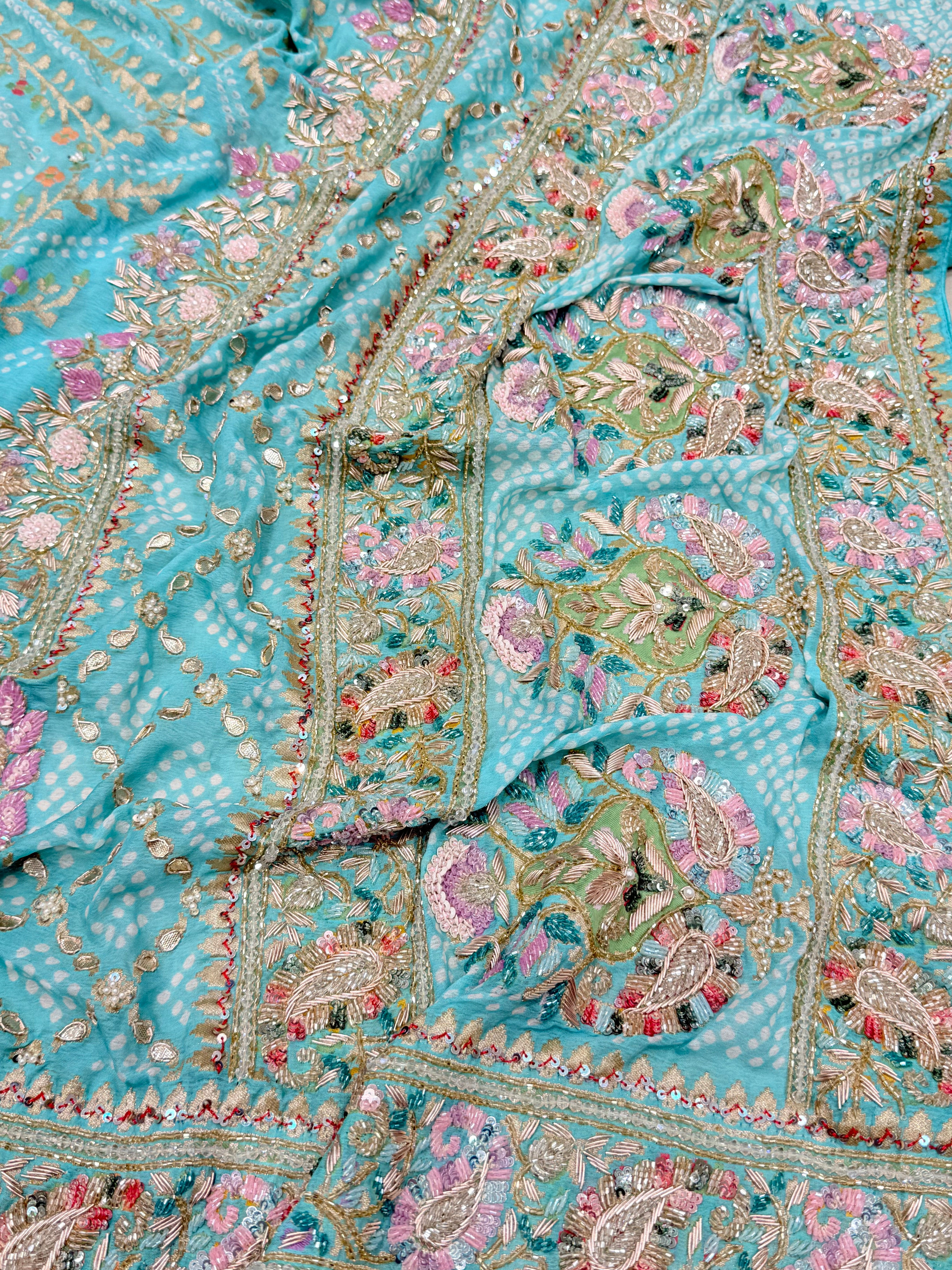 Pastel Bandhej Meenakari Hand Embroidery Saree
