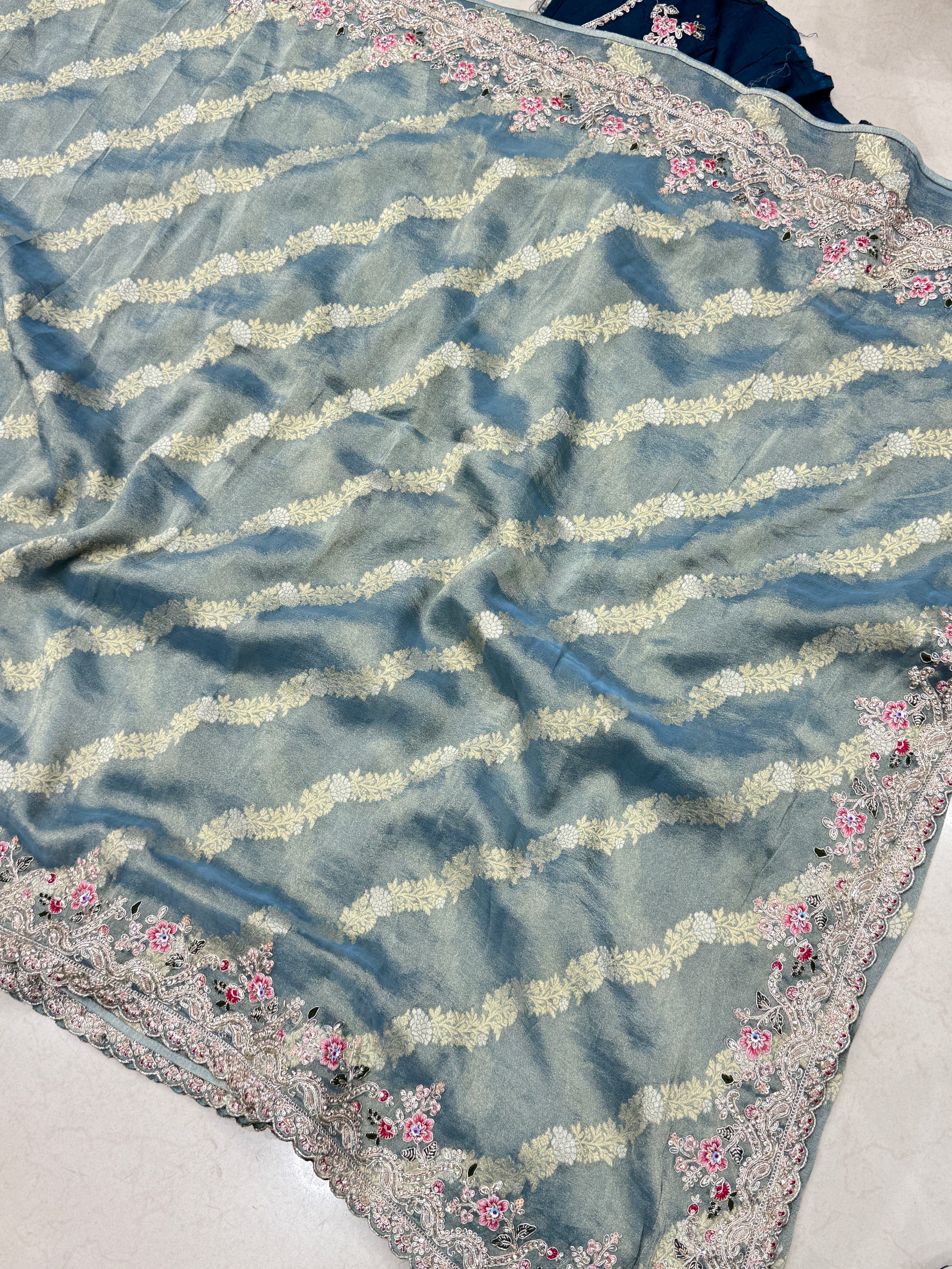 Sea Blue Tissue Weaved Resham Zari Embroidery Saree