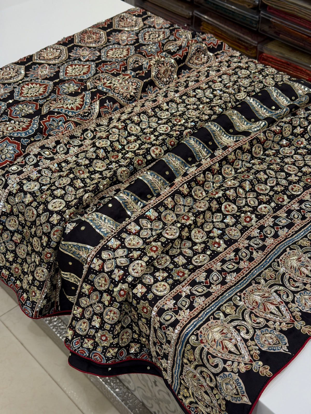 Black Badam Jaal Pita Zardosi Sequin Ajrakh Hand Embroidery Saree