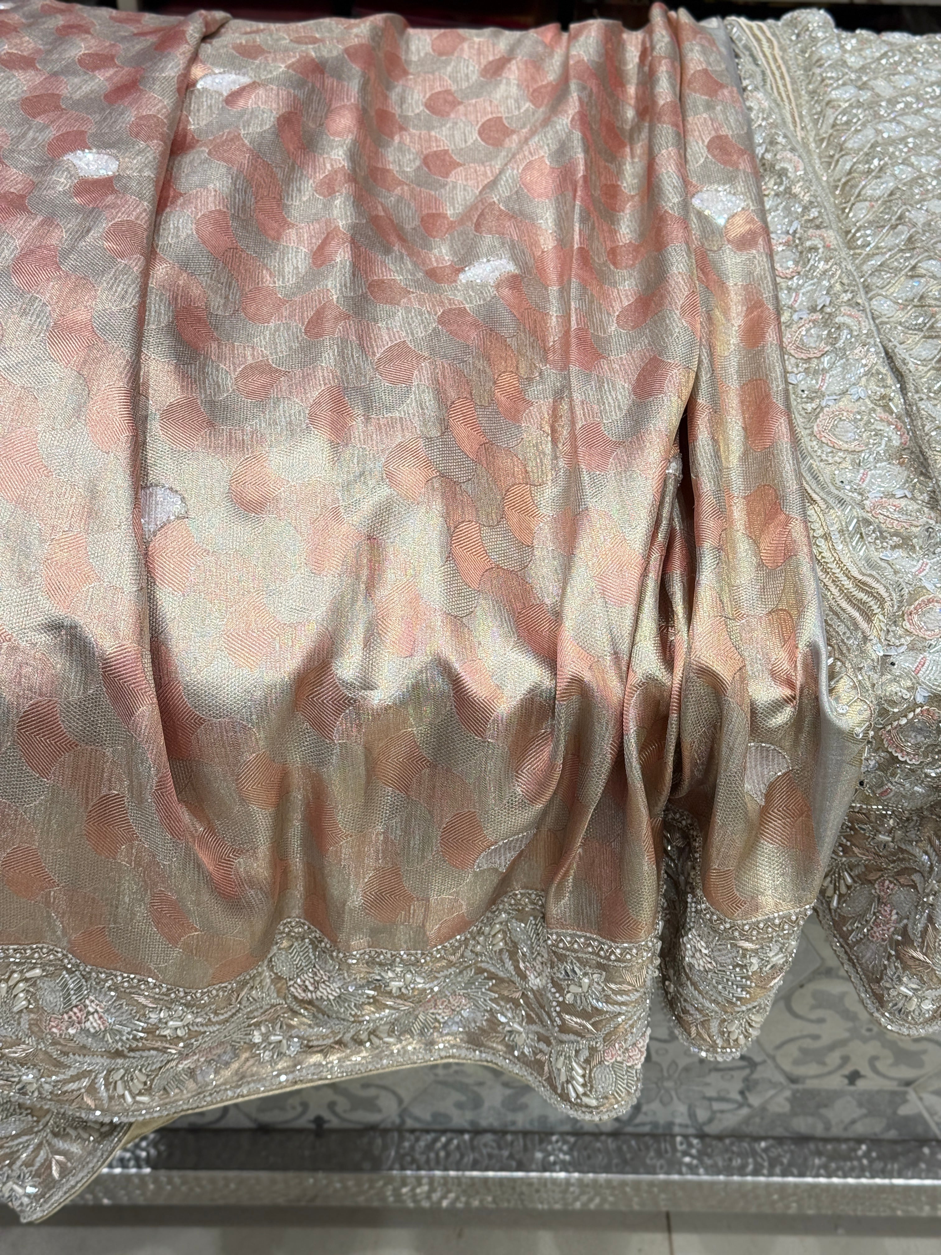 Peach Silver Contemporary Kanjivaram Hand Embroidery Zardosi Saree