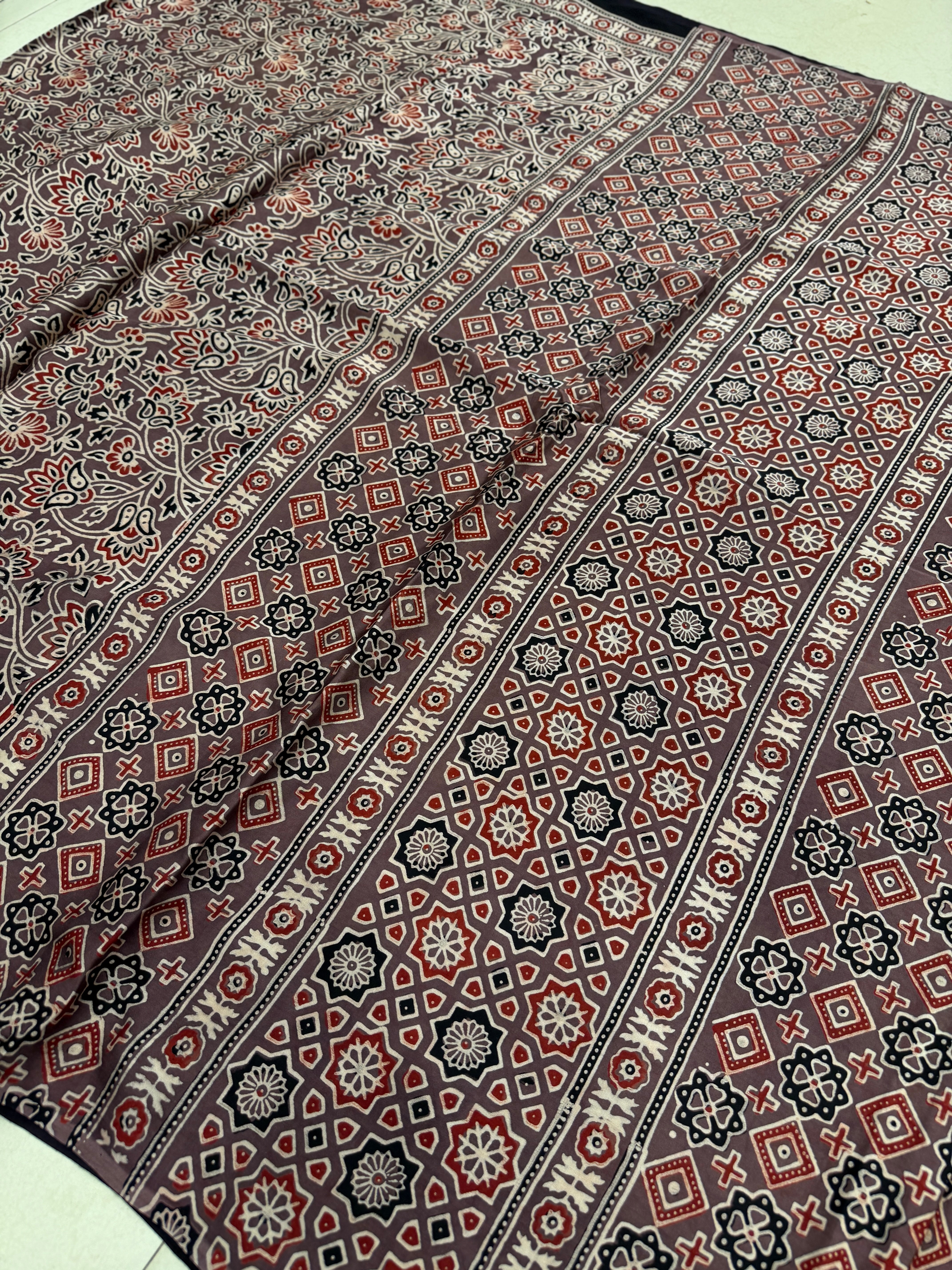 Brown Jaal Ajrakh Hand Block Print Pure Gajji Silk Saree