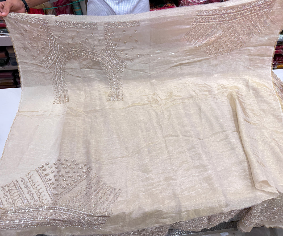 Beige Satin Crepe Moti MM inspired Hand Embroidery Saree