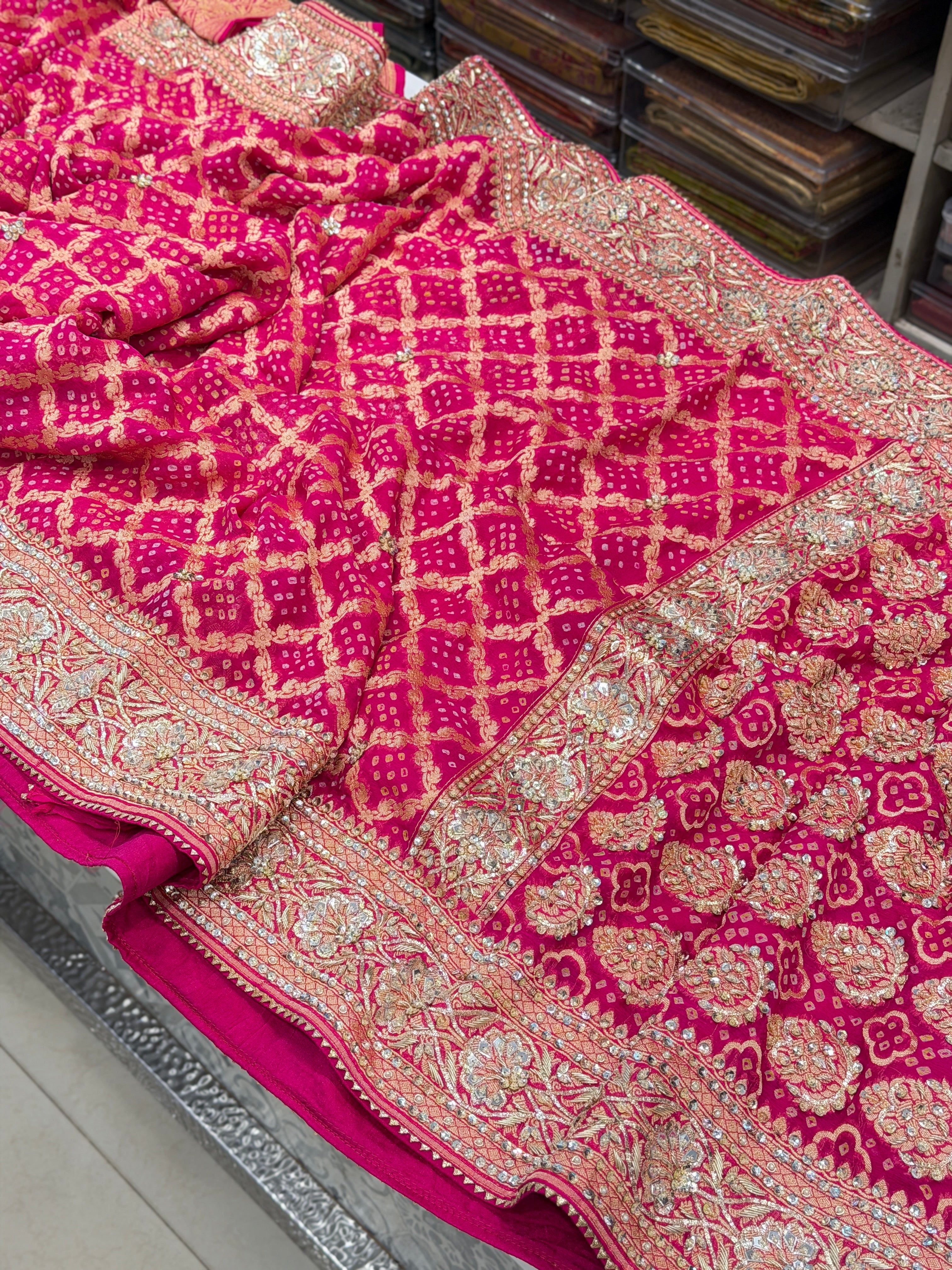 Rani Pink Bandhej Zardosi Pita Hand Embroidery Saree