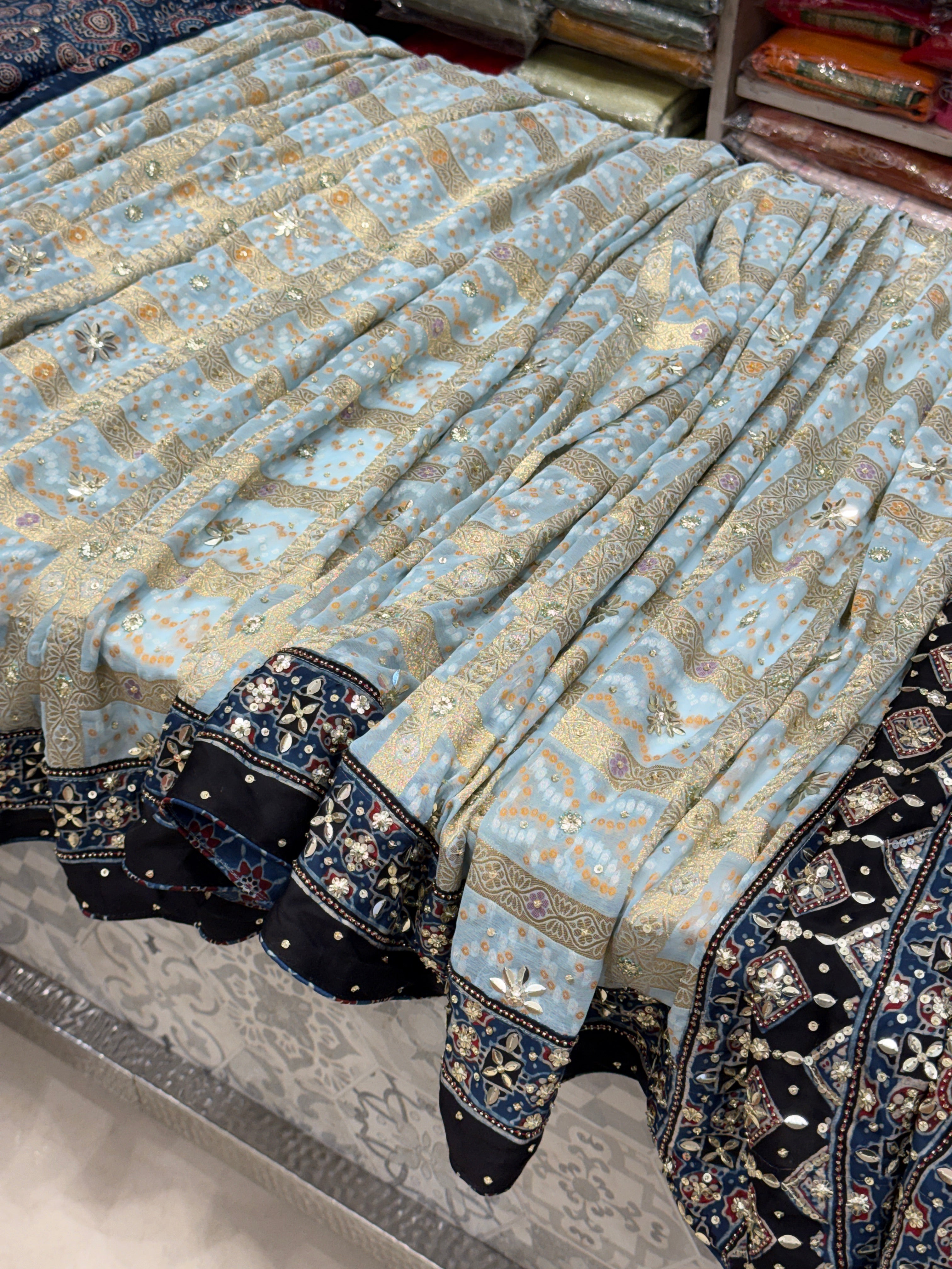 Light Blue Gharchola Ajrakh Hand Embroidery Saree
