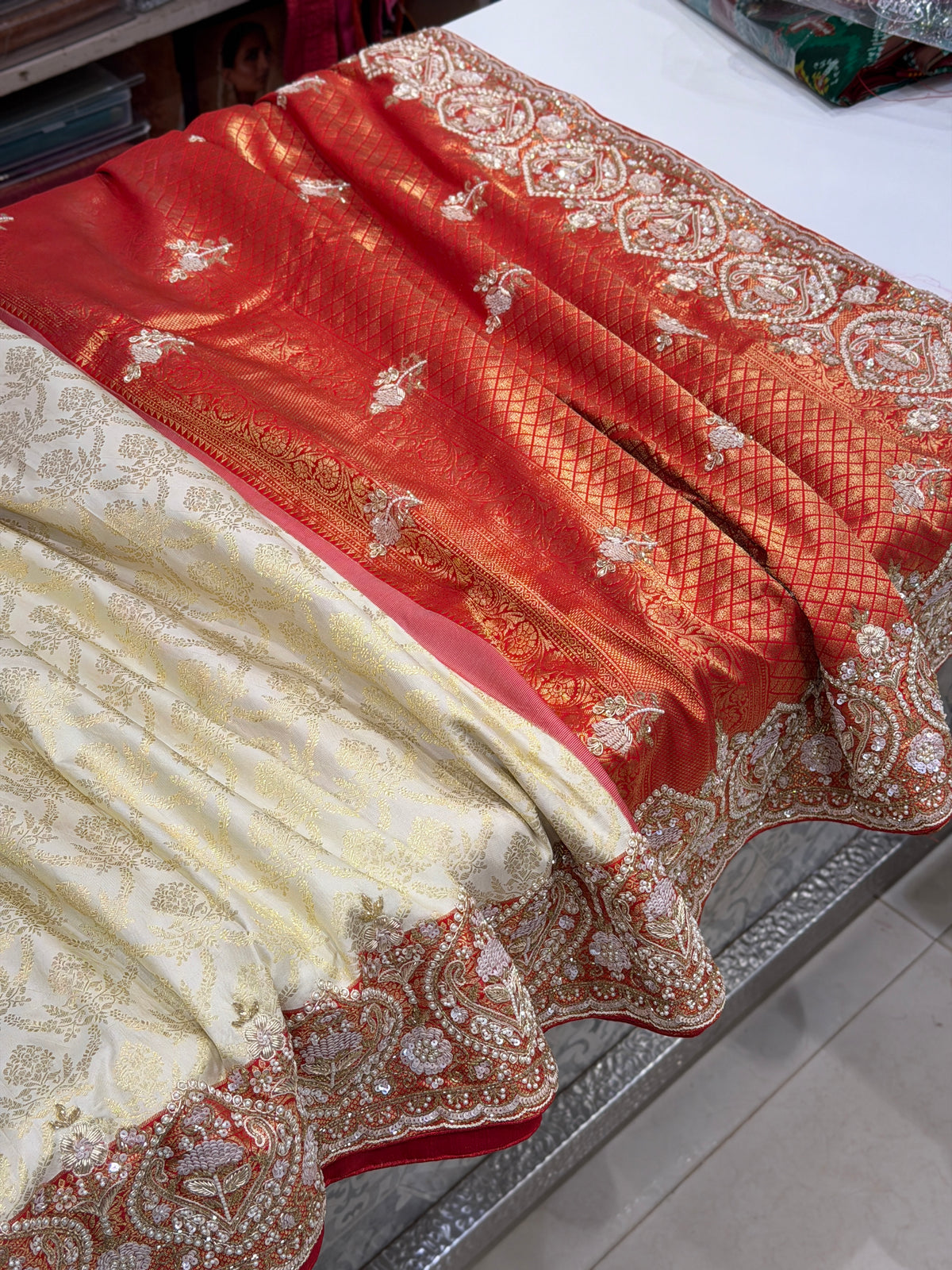 White Red Pure Silk Kanjivaram Moti Zardosi Hand Embroidery Saree