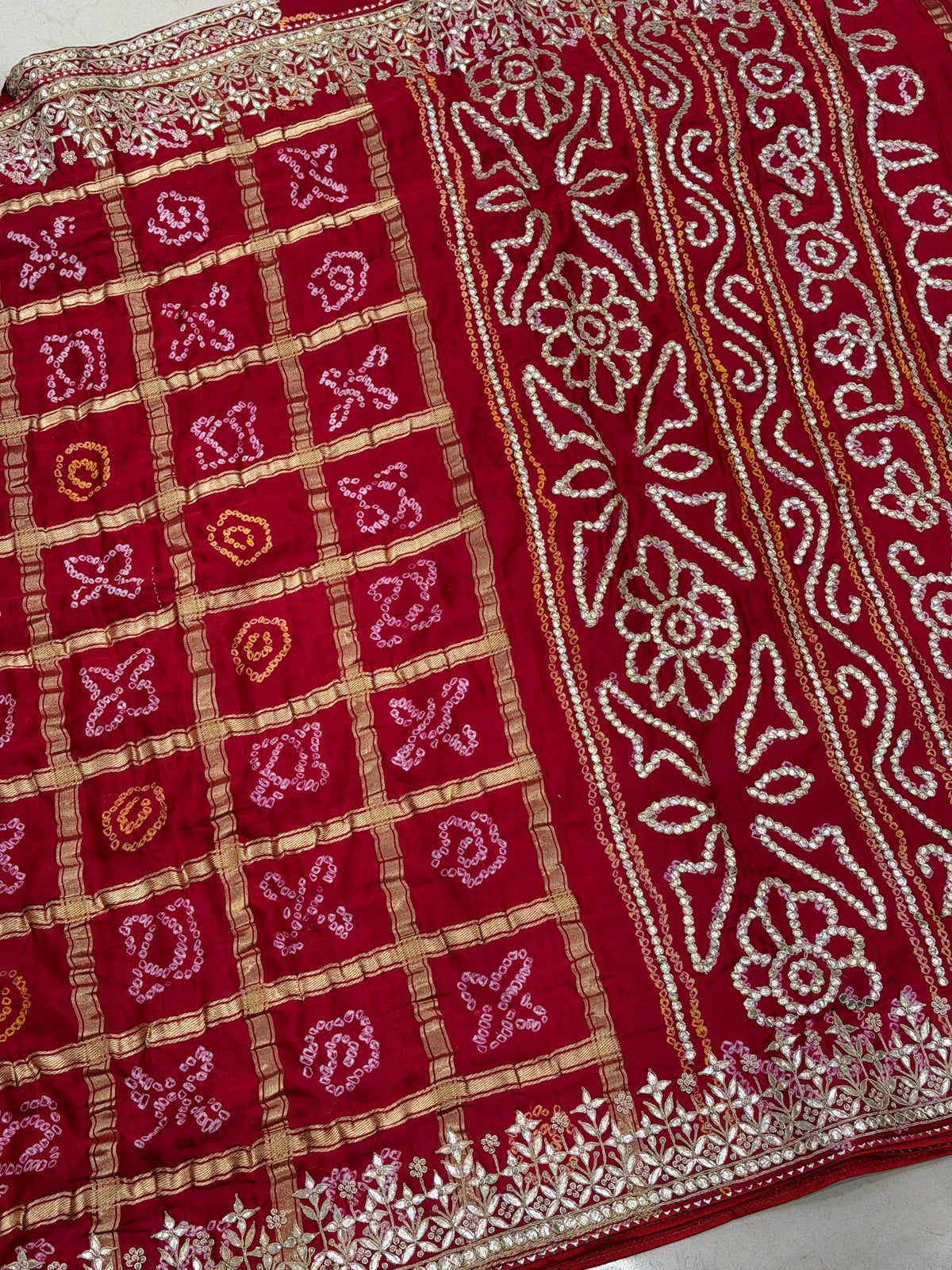 Red Bandhej Gharchola Marodi Gotapatti Hand Embroidery Saree