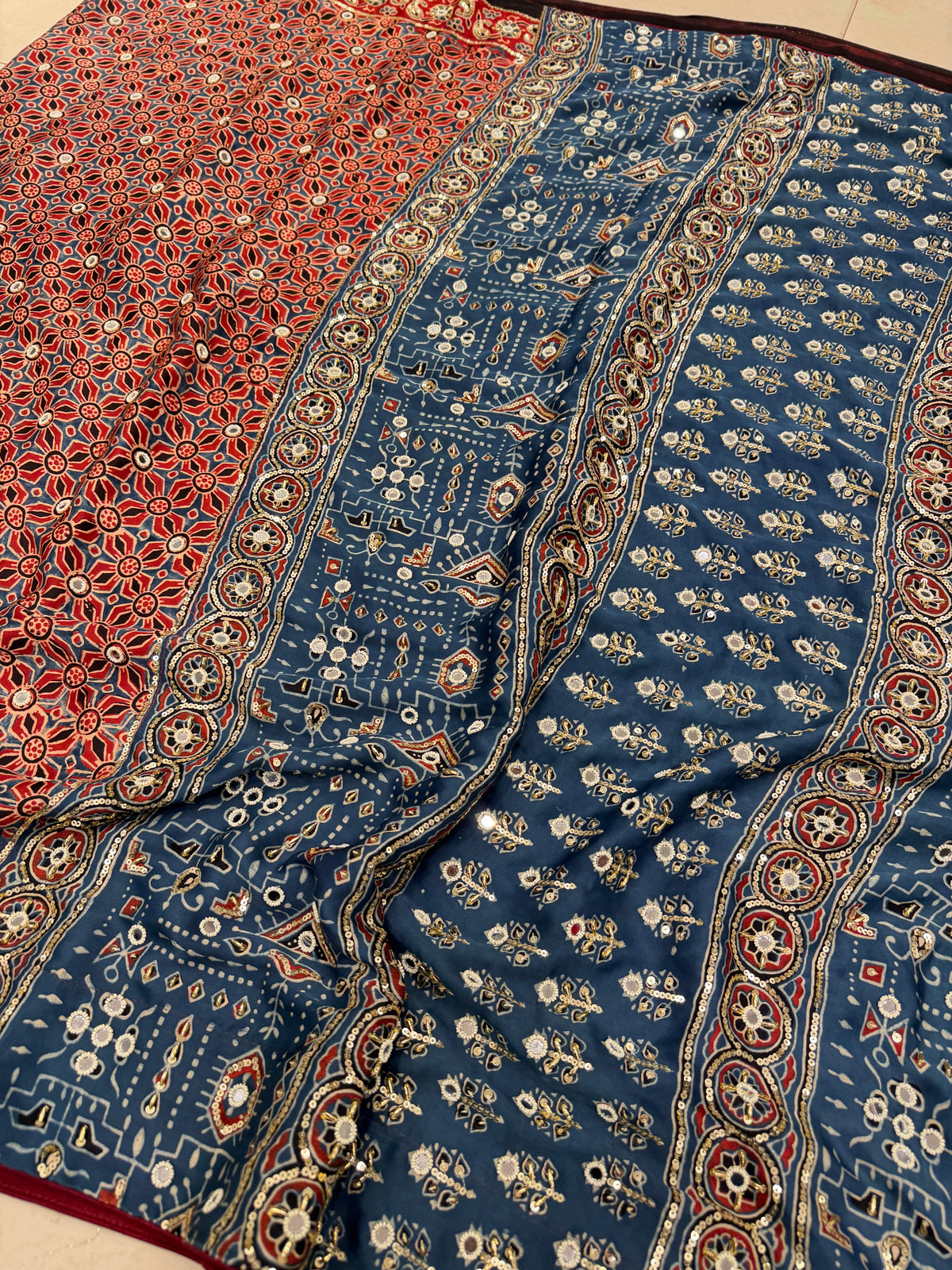 Red Blue Jaal Ajrakh Real Mirror Moti Sequin Hand Embroidery Saree