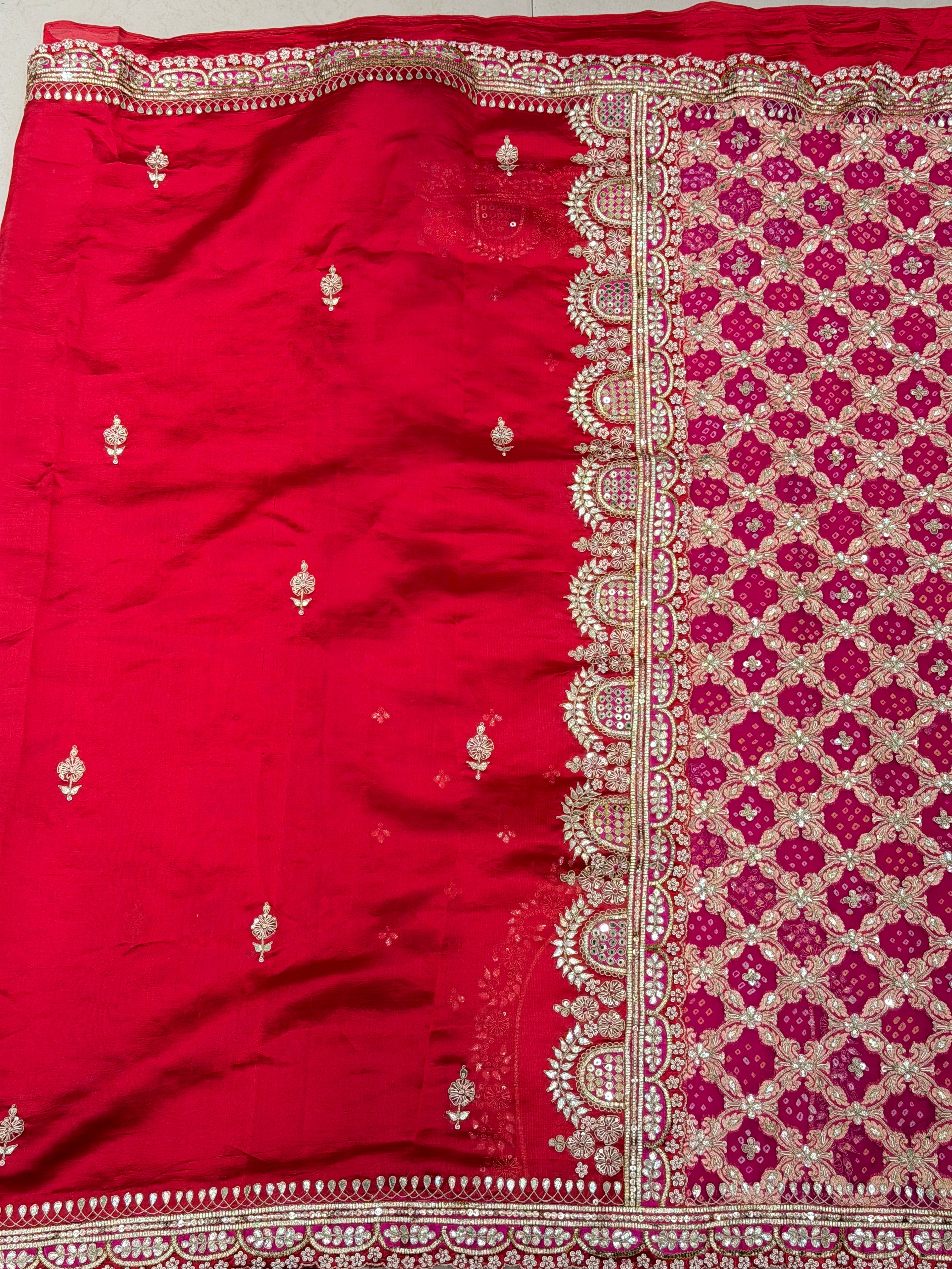 Red with Rani Pink Pure Silk Bandhej Marodi Hand Embroidery Saree