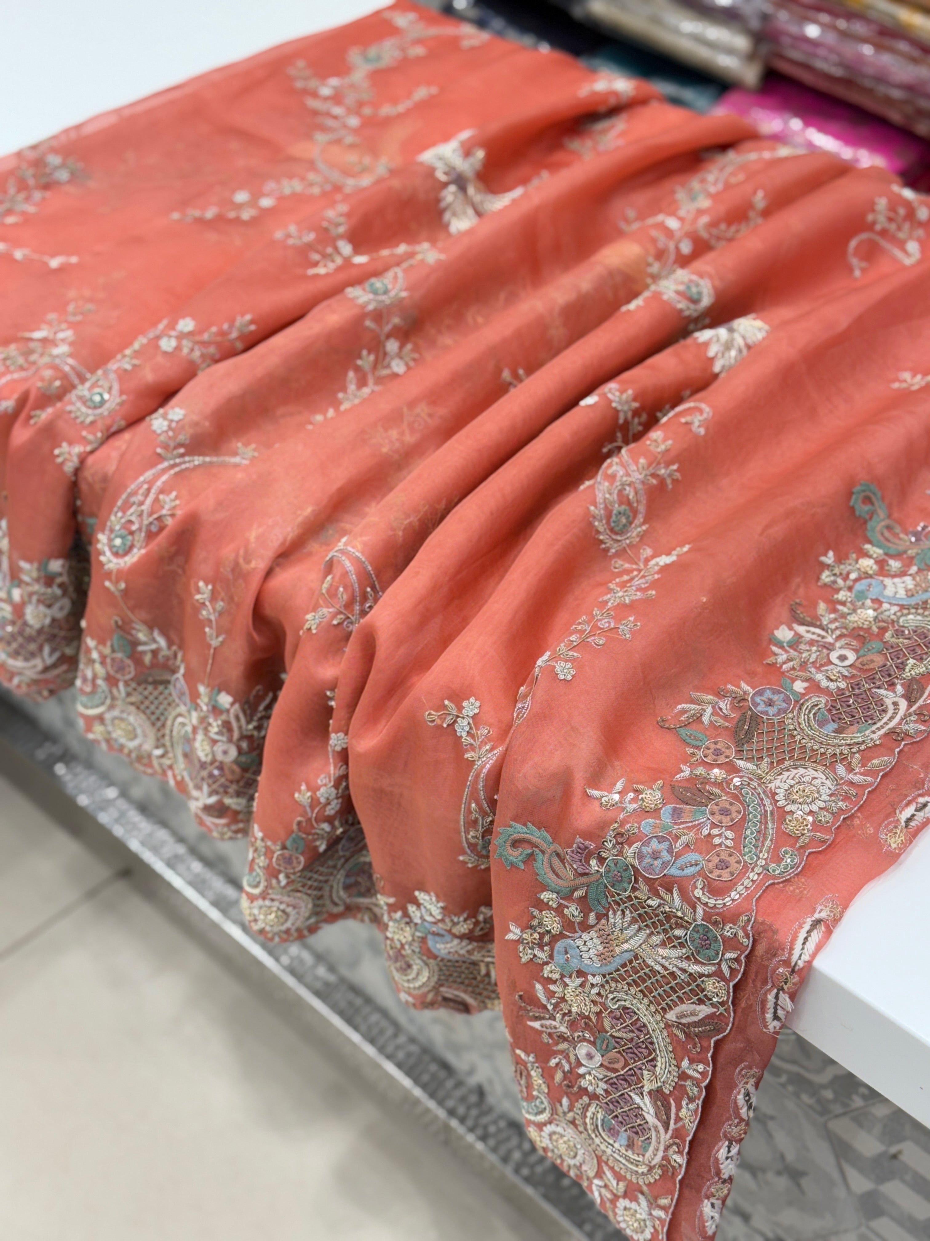 Peach Organza Zardosi Jaal Hand Embroidery Saree