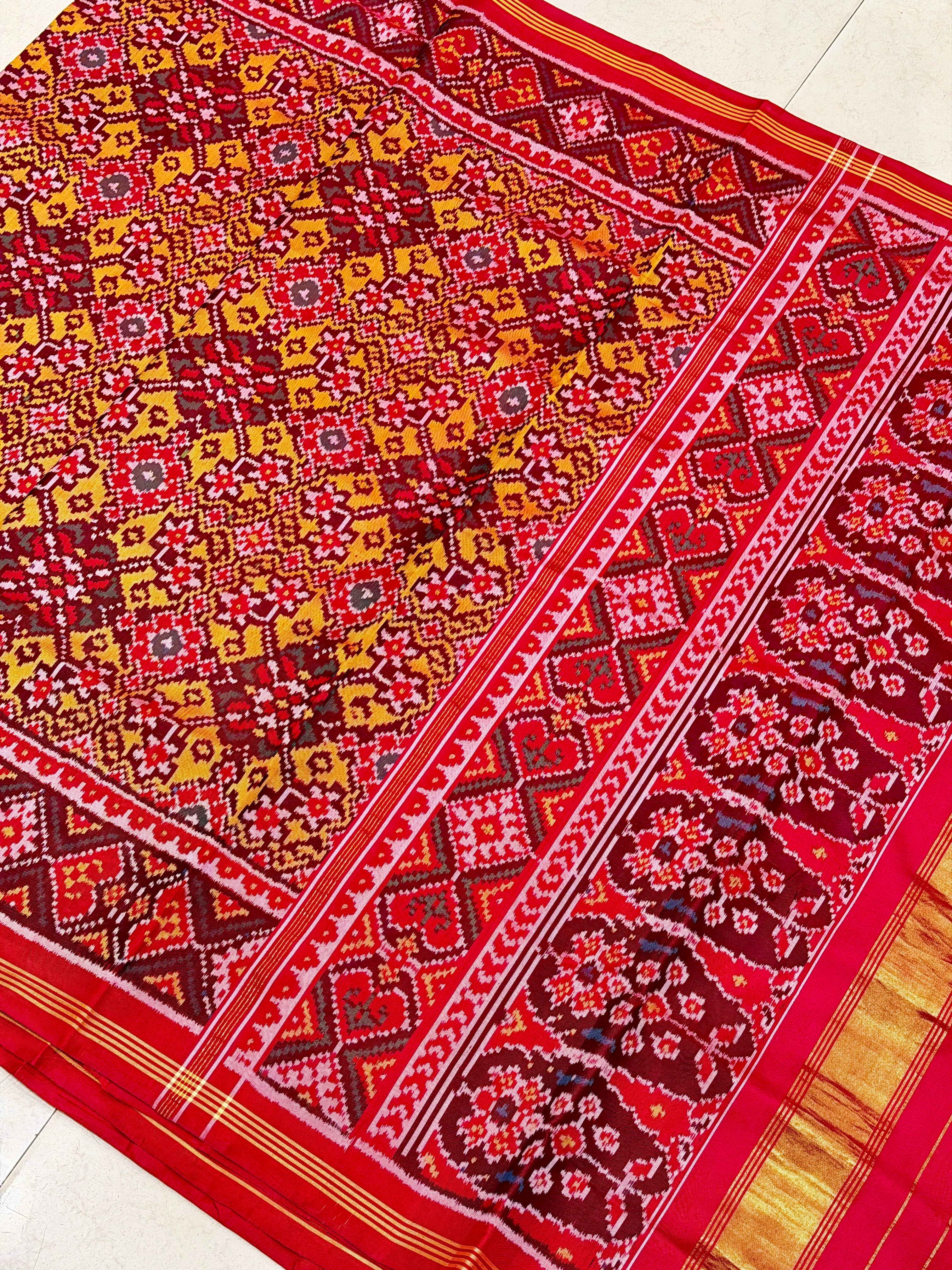 Yellow Red Pure Silk Manek Chowk Handloom Patola Saree