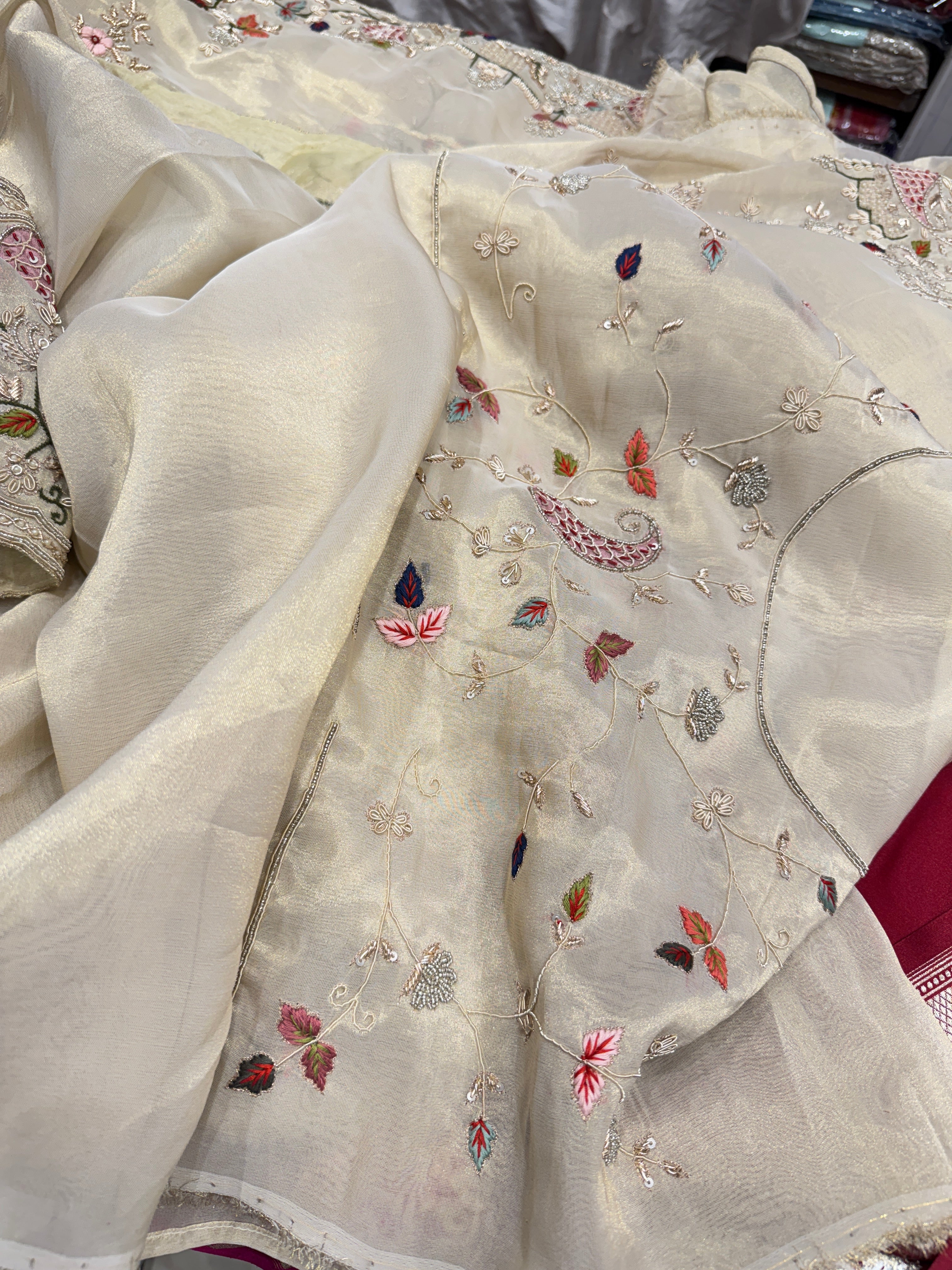 Tissue Hand Embroidery Patch Work Zardosi Saree