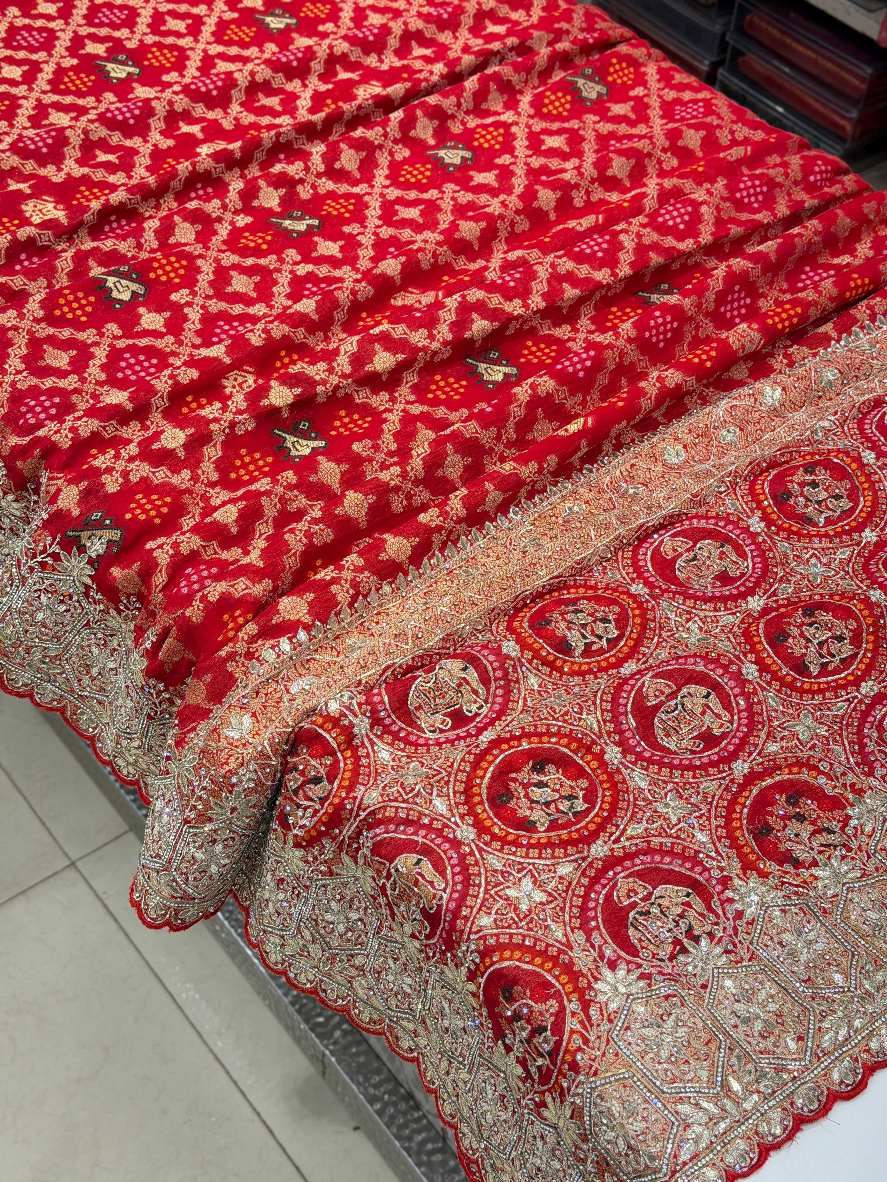 Red Woven Bandhej Patola Zardodi Pita Hand Embroidery Saree