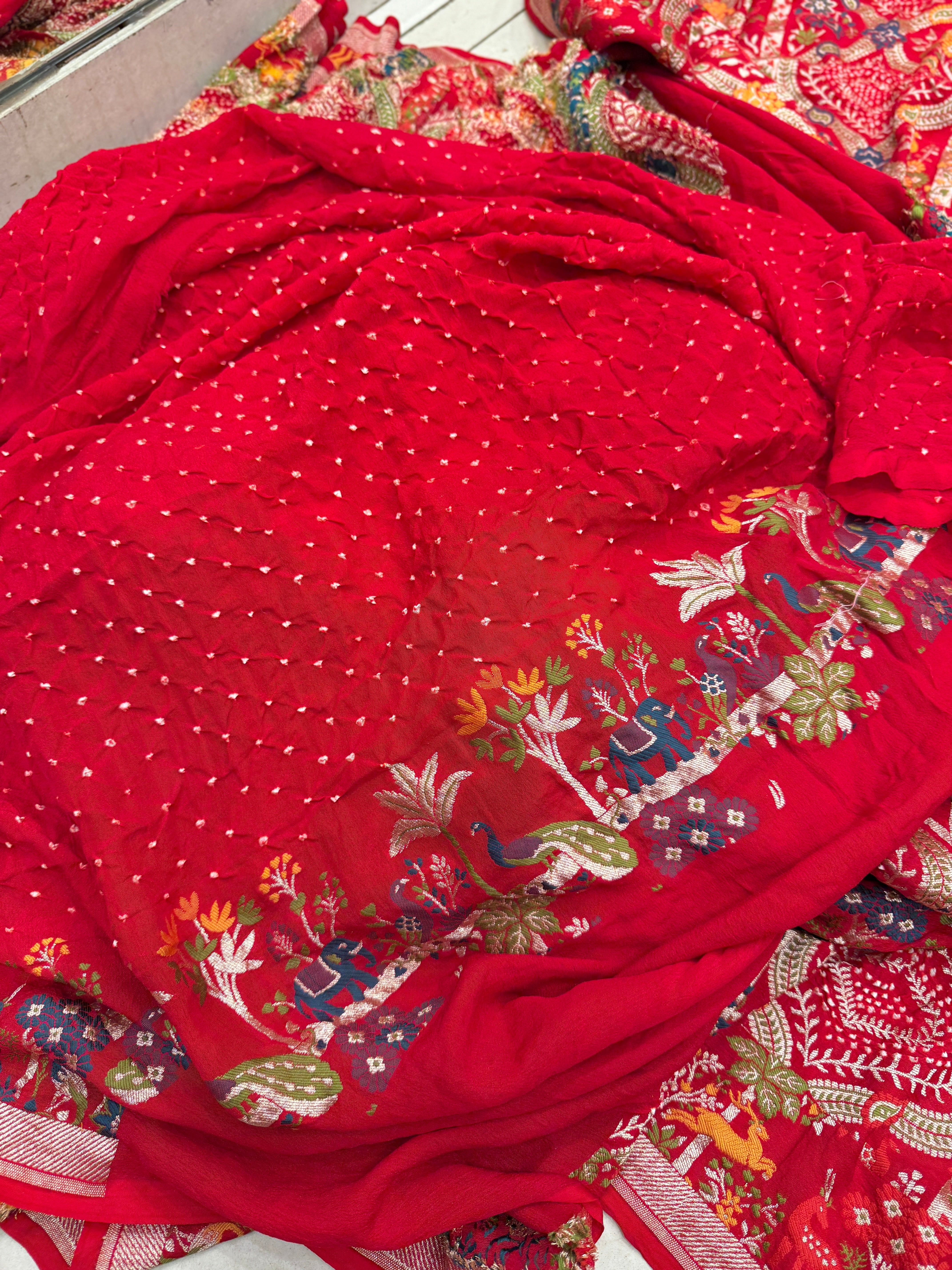 Red Meenakari Rai Bandhej Shikara Border Saree
