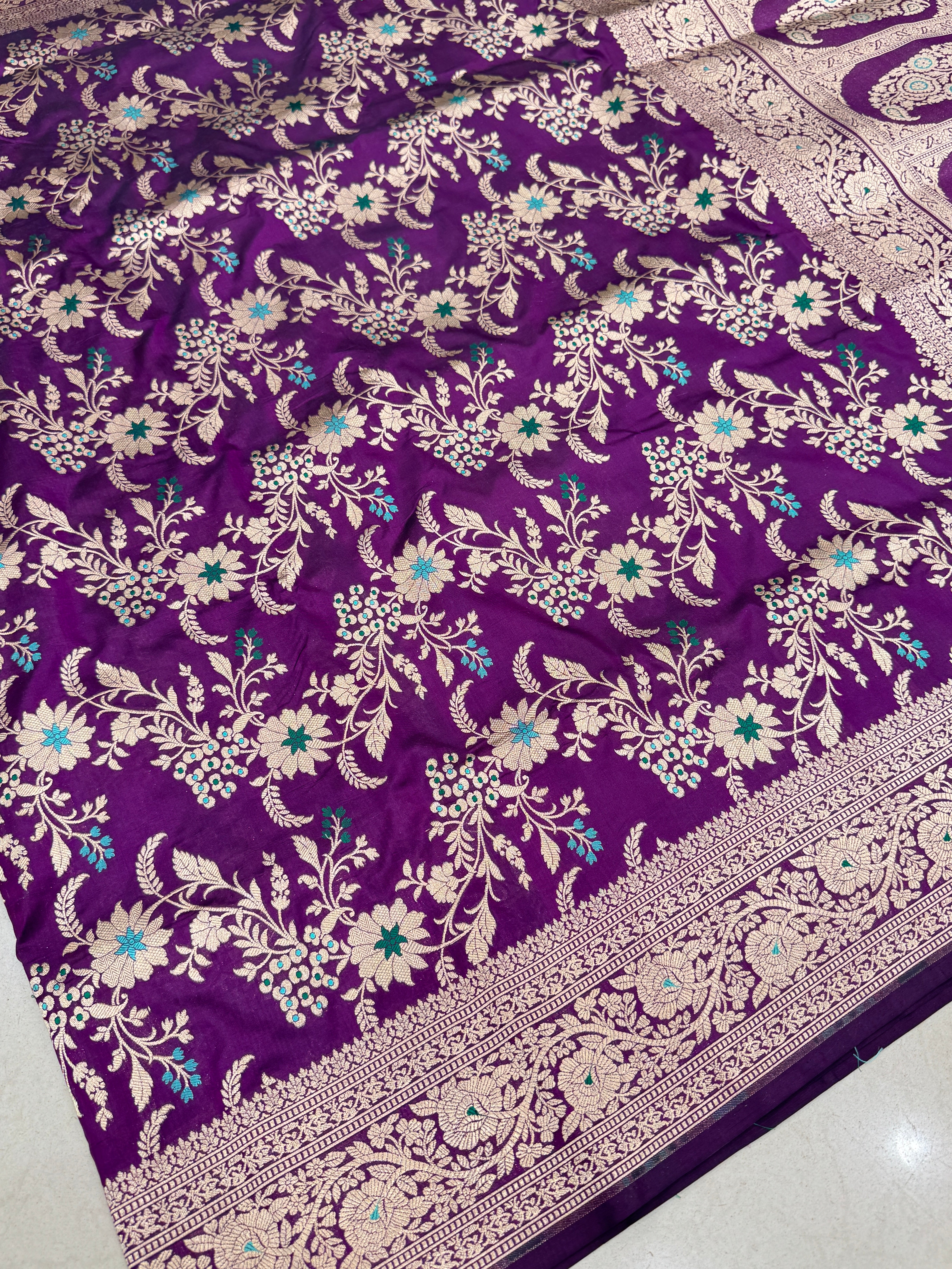 Violet Handloom Meenakari Katan Silk Saree Konai Pallu