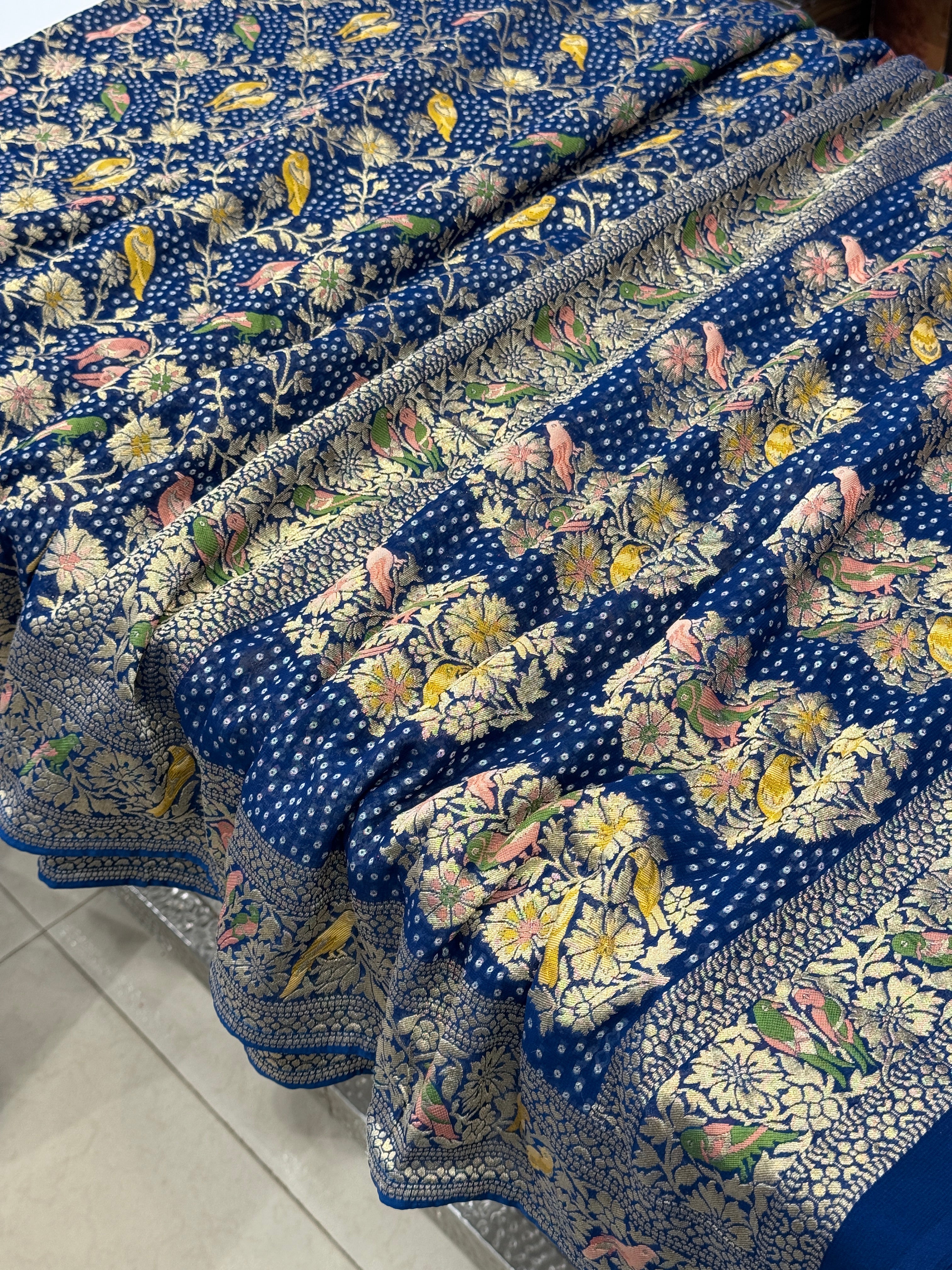 Blue Woven Bandhej Meenakari Parrot Motif Saree