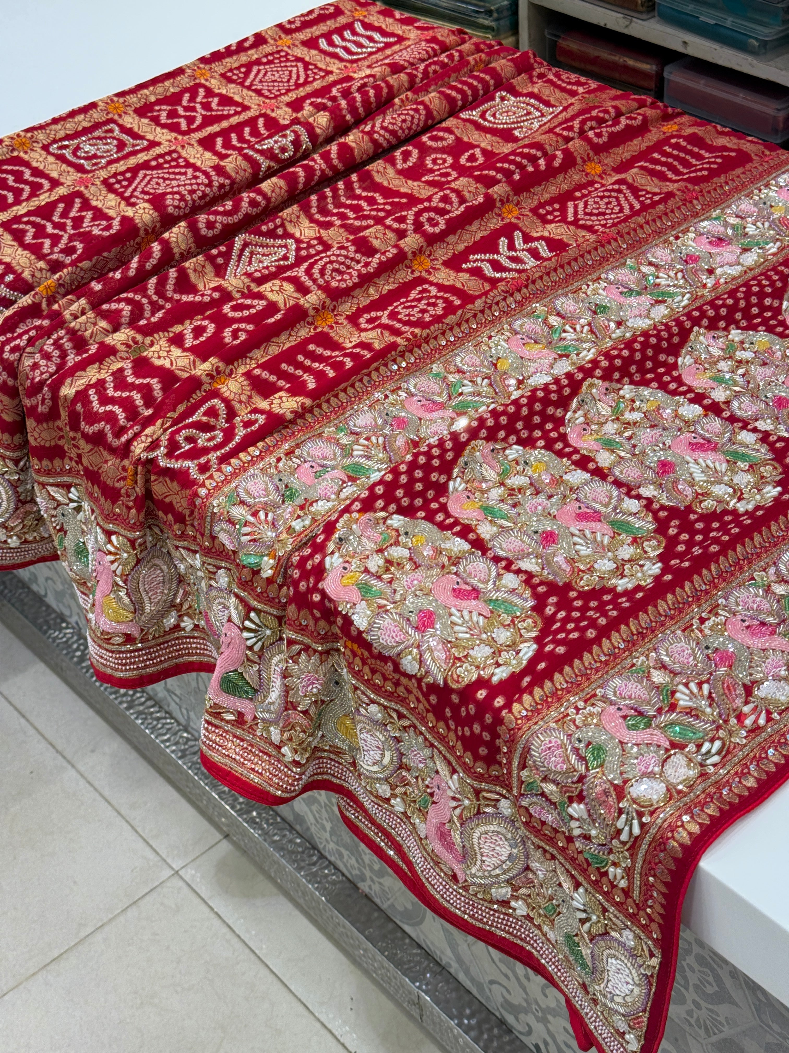 Red Gharchola Moti Sequin Zardosi Hand Embroidery Georgette Saree