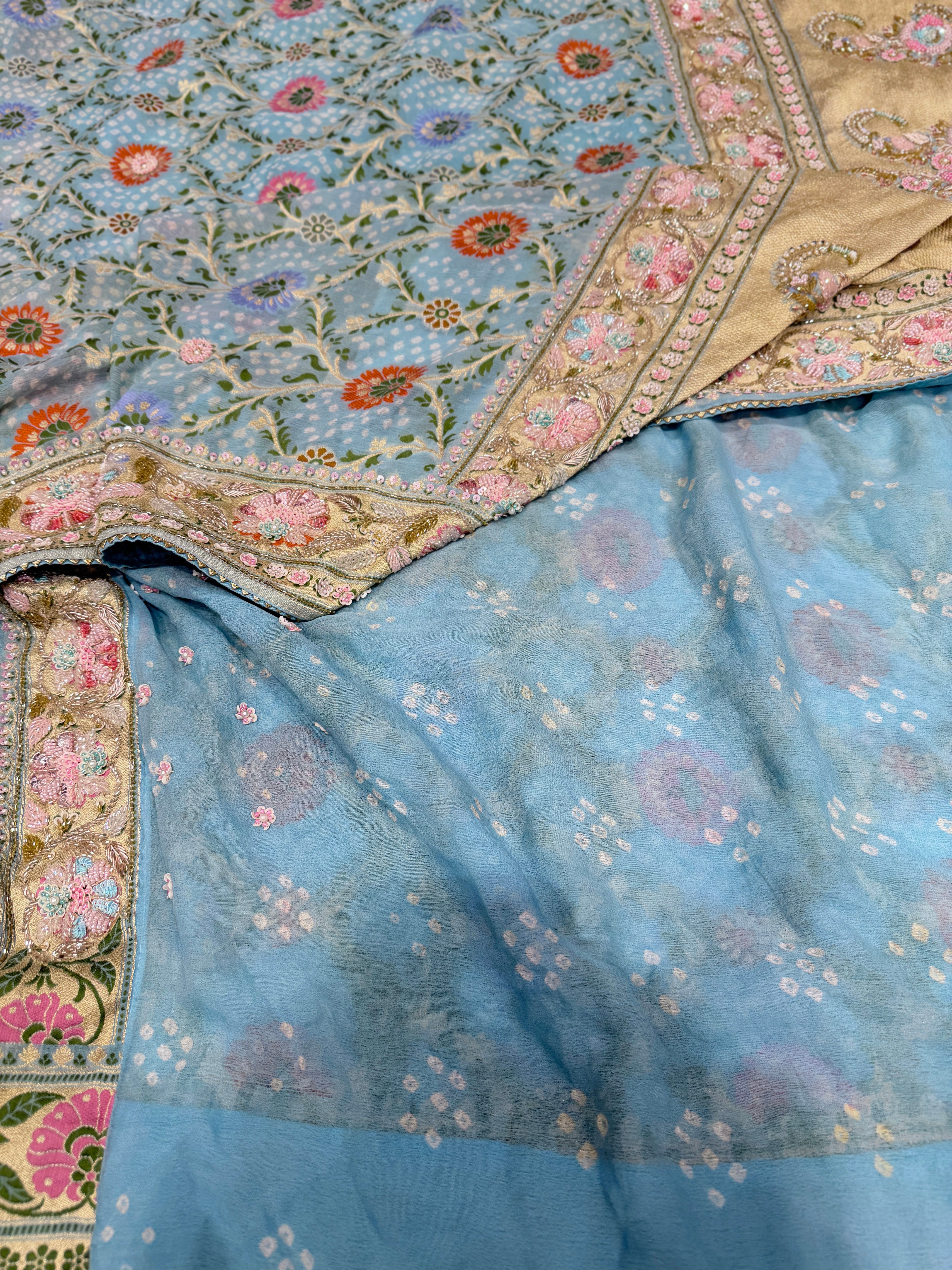 Pastel Blue Meenakari Bandhej Zardodi Kidiya Moti Hand Embroidery Saree