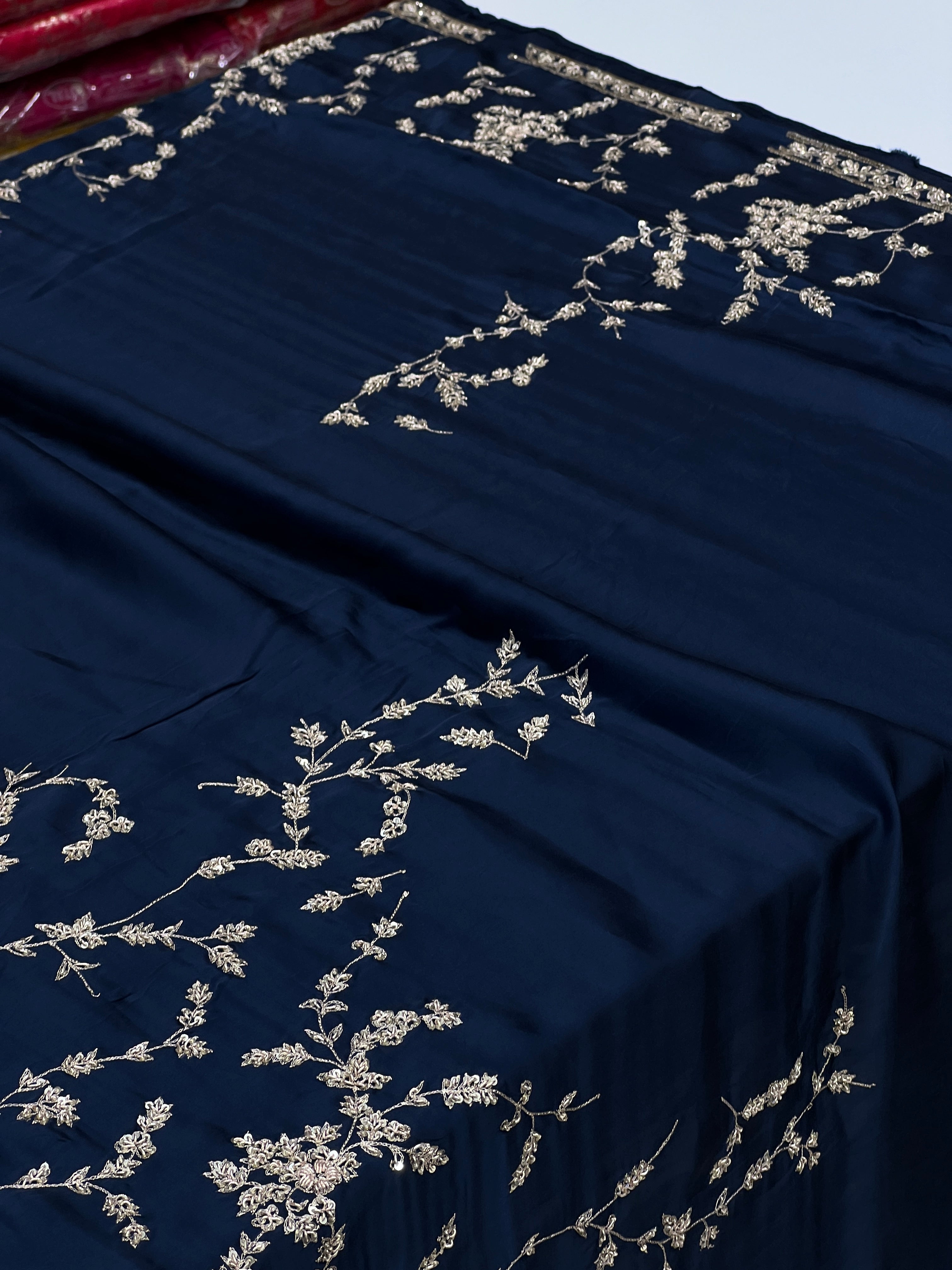 Navy Blue Satin Hand Embroidery Zardosi Saree