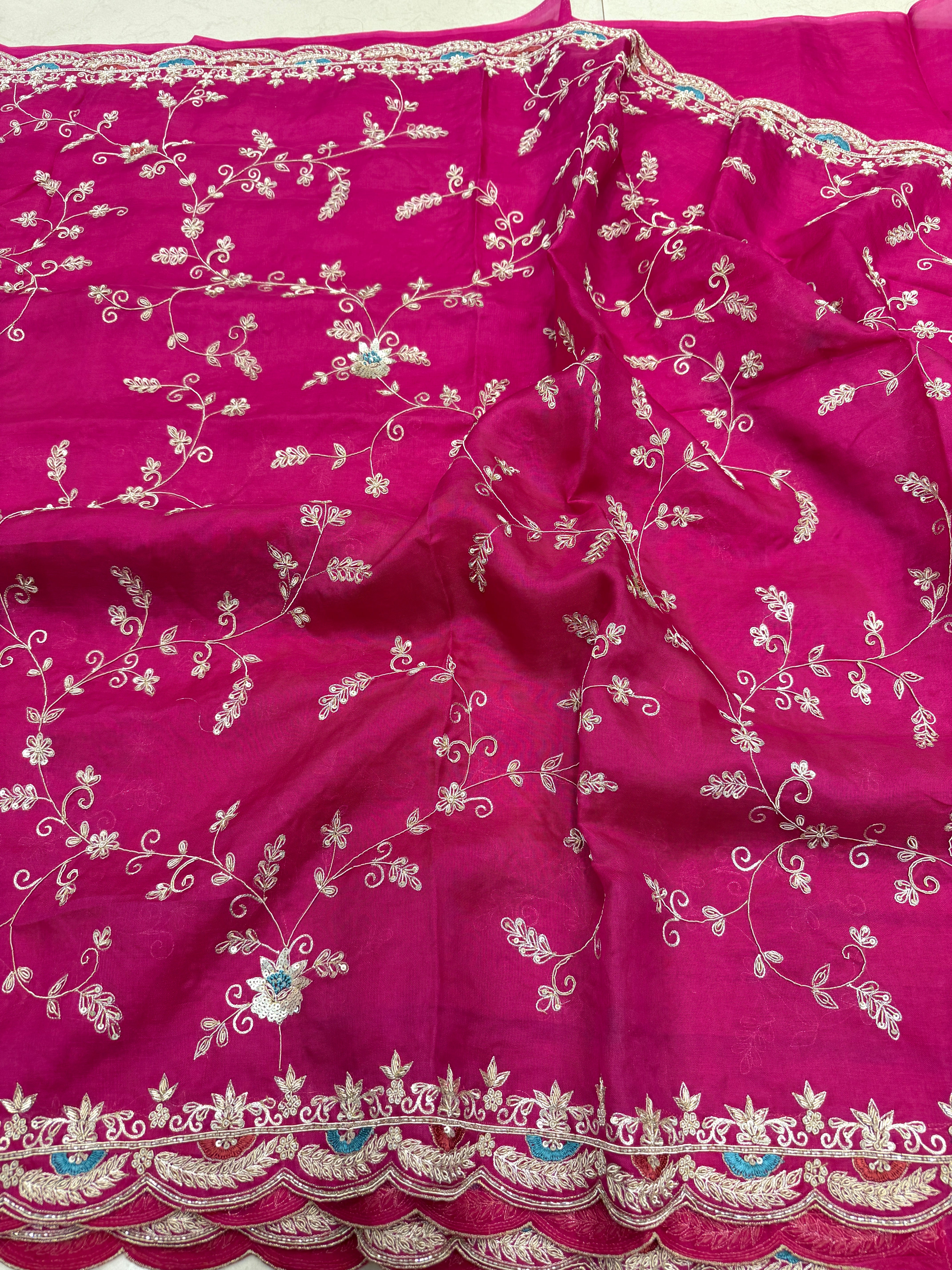 Rani Pink Organza Zardosi Resham Jaal Hand Embroidery Saree