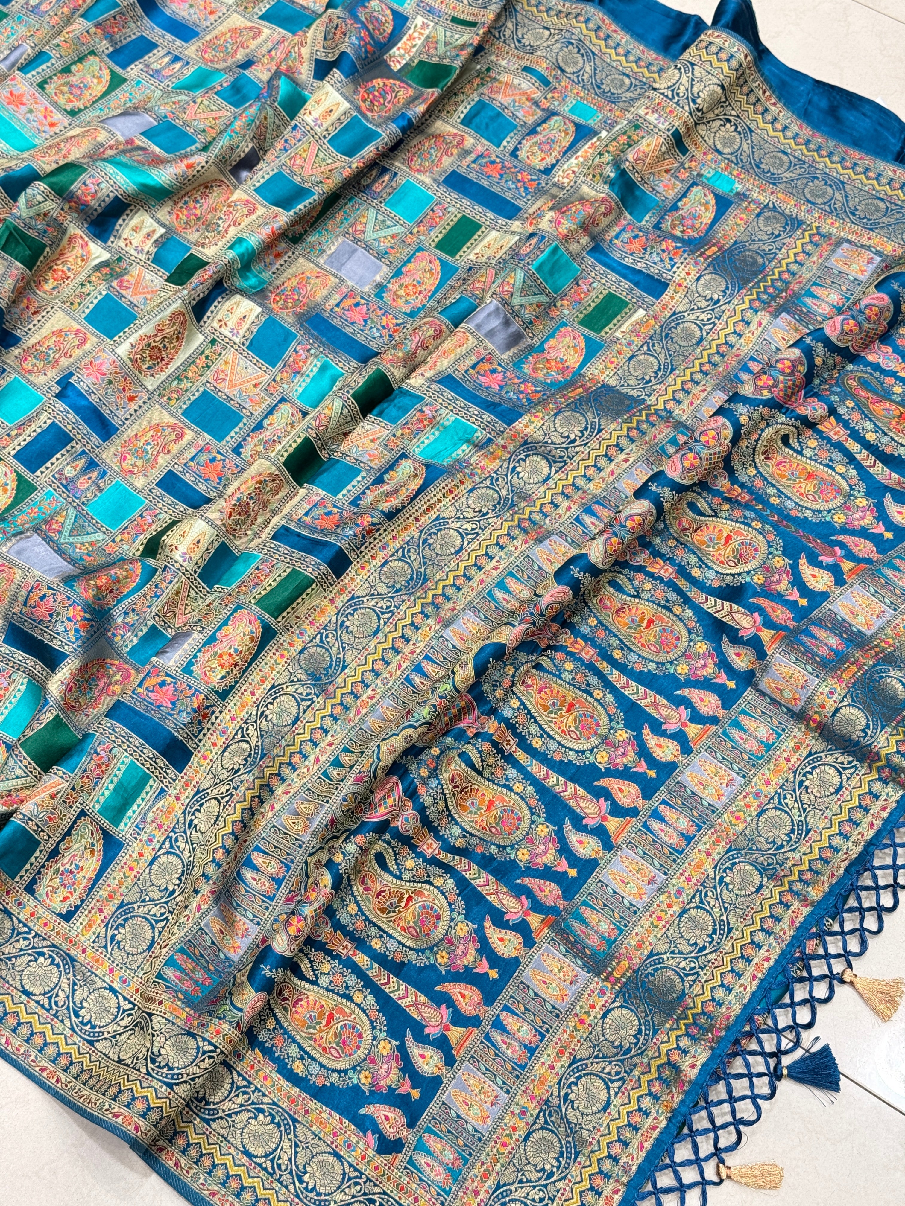 Rama Green Banarasi Modal Rangkat Satin Checkered Silk Saree