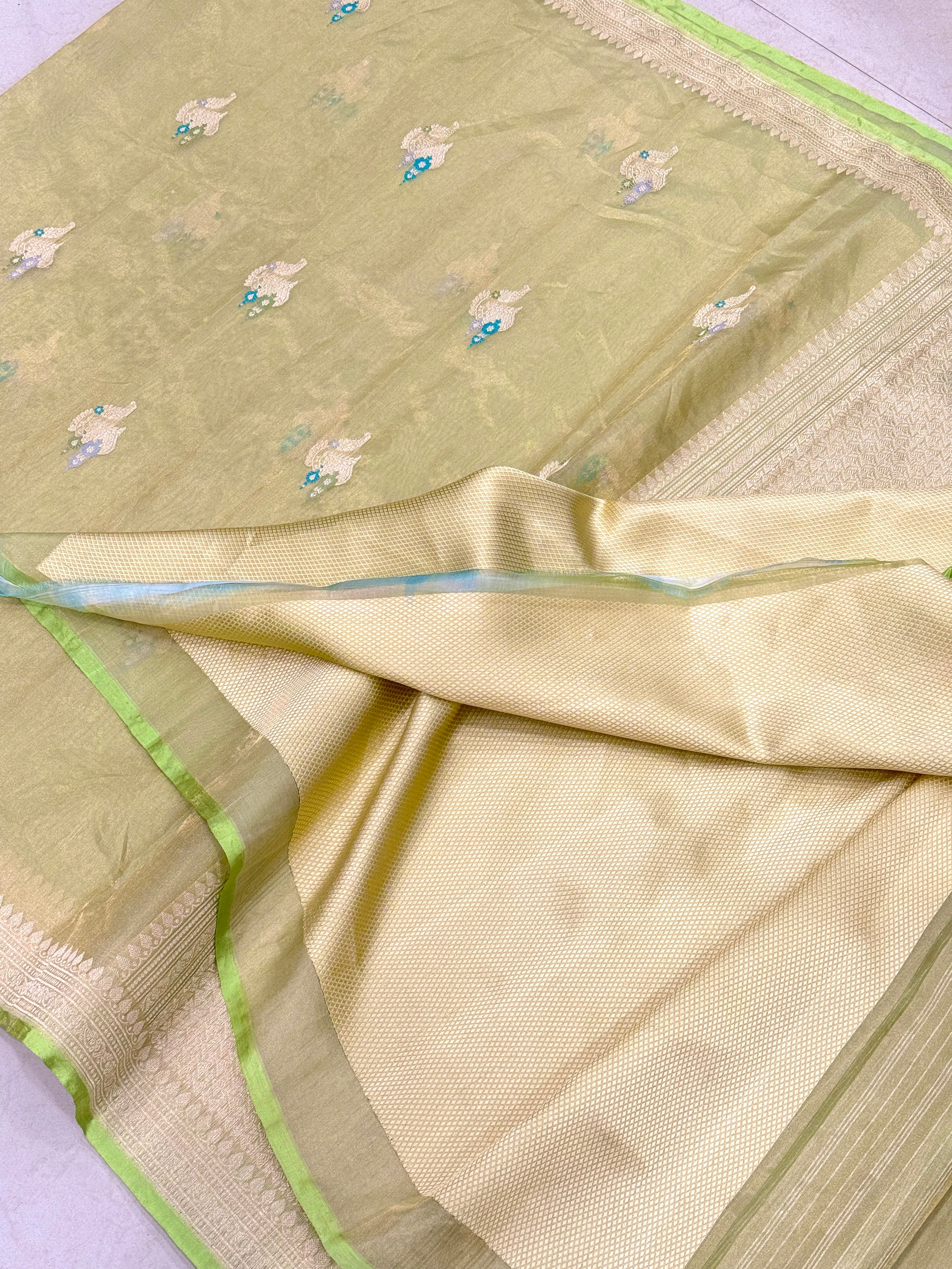 Pista Green Handloom Meenakari Banarasi Tissue Kadwa Saree