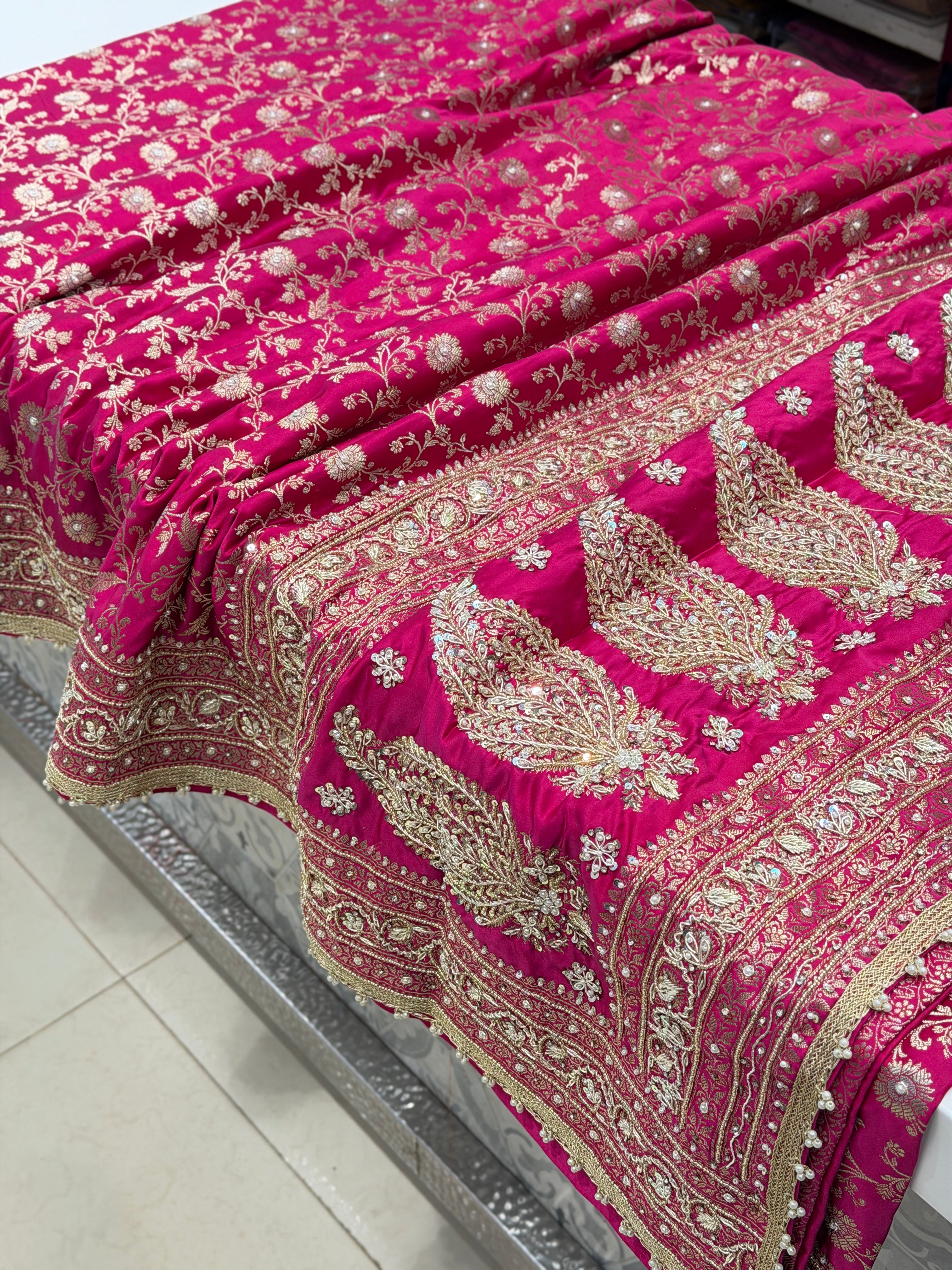 Rani Pink Banarasi Sona Roopa Jaal Zardosi Hand Embroidery Saree