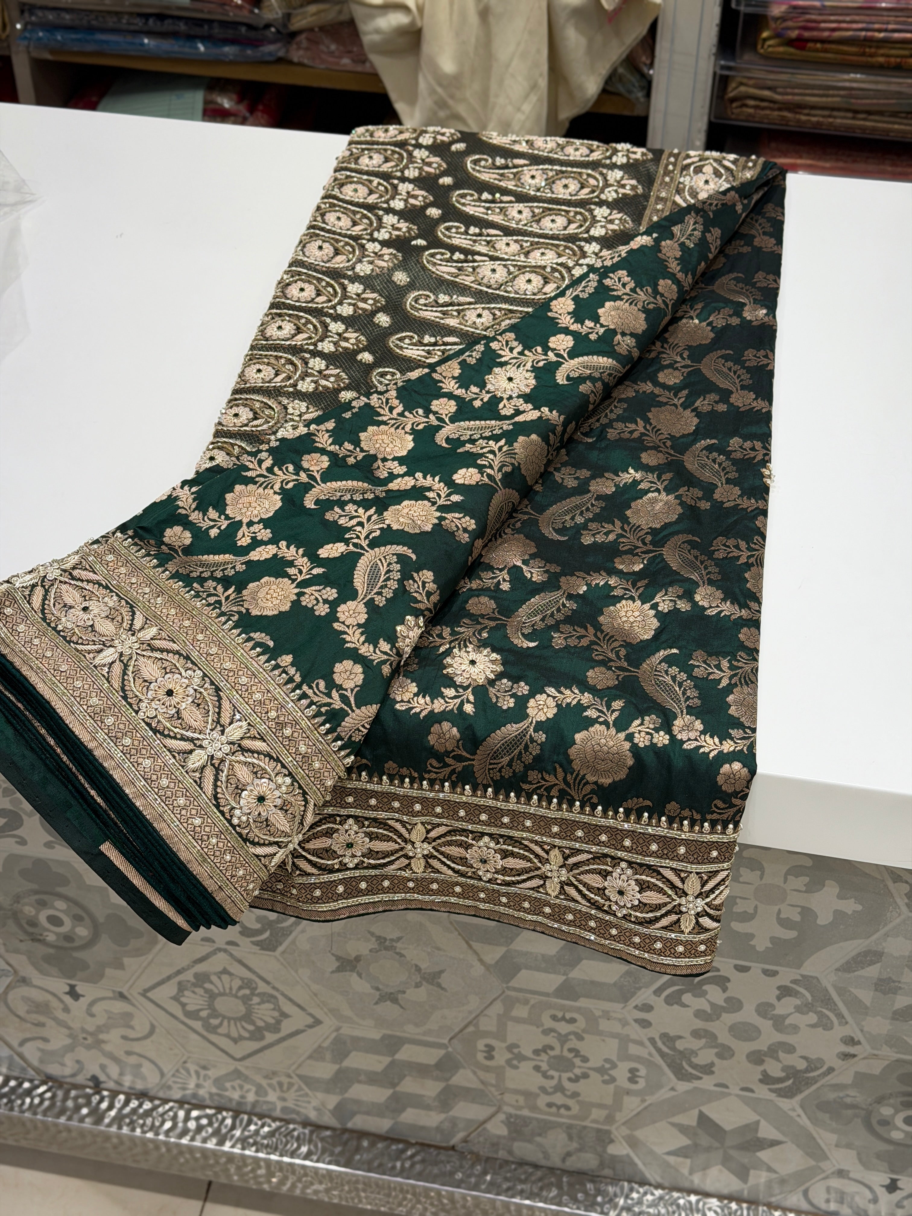 Bottle Green Jaal Handloom Banarasi Pure Katan Zardosi Embroidery Saree