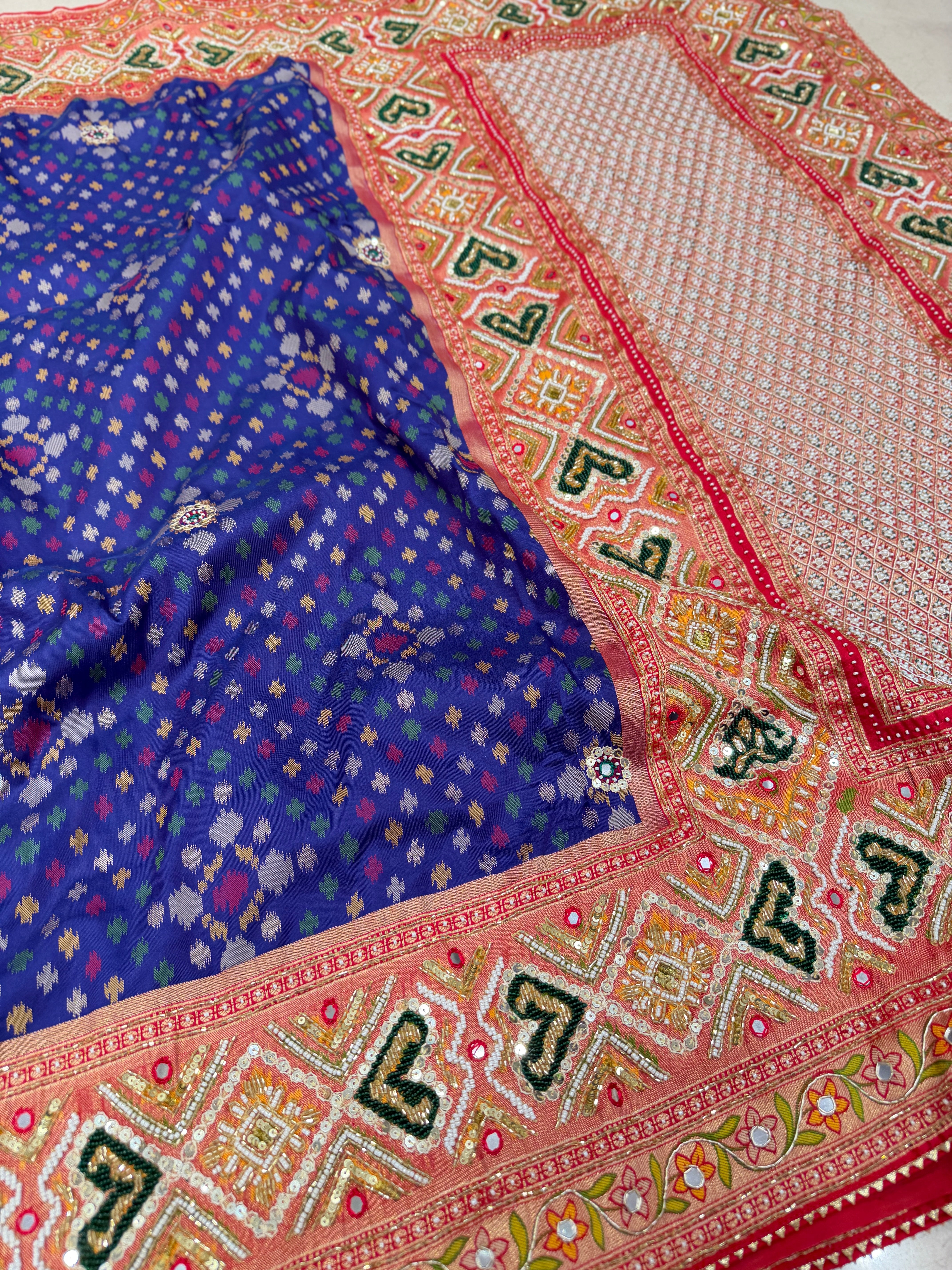 Blue Banarasi Ikat Patola Moti Hand Embroidery Saree