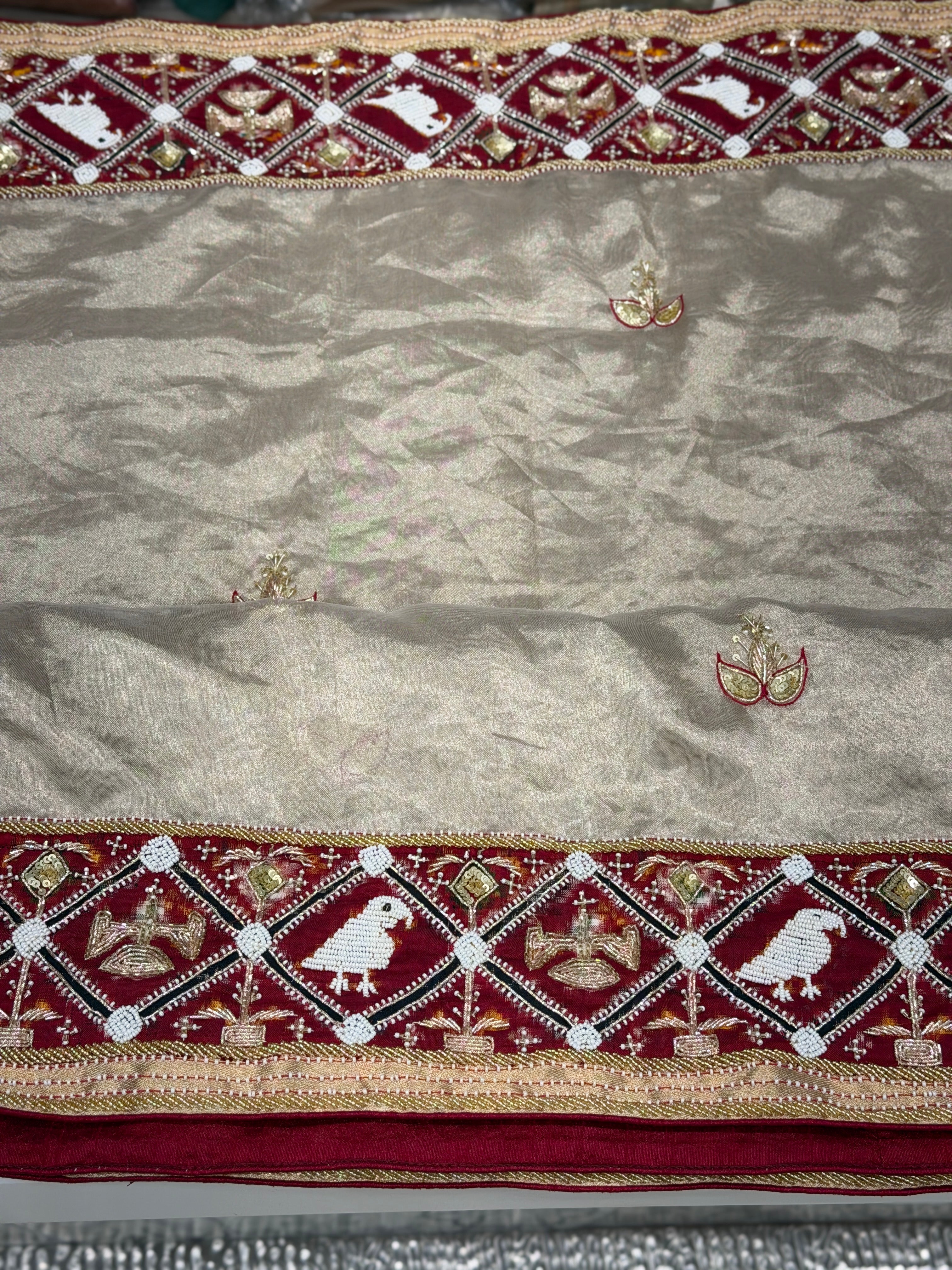 Silver Tissue Patan Patola Border Hand Embroidery Fusion Saree