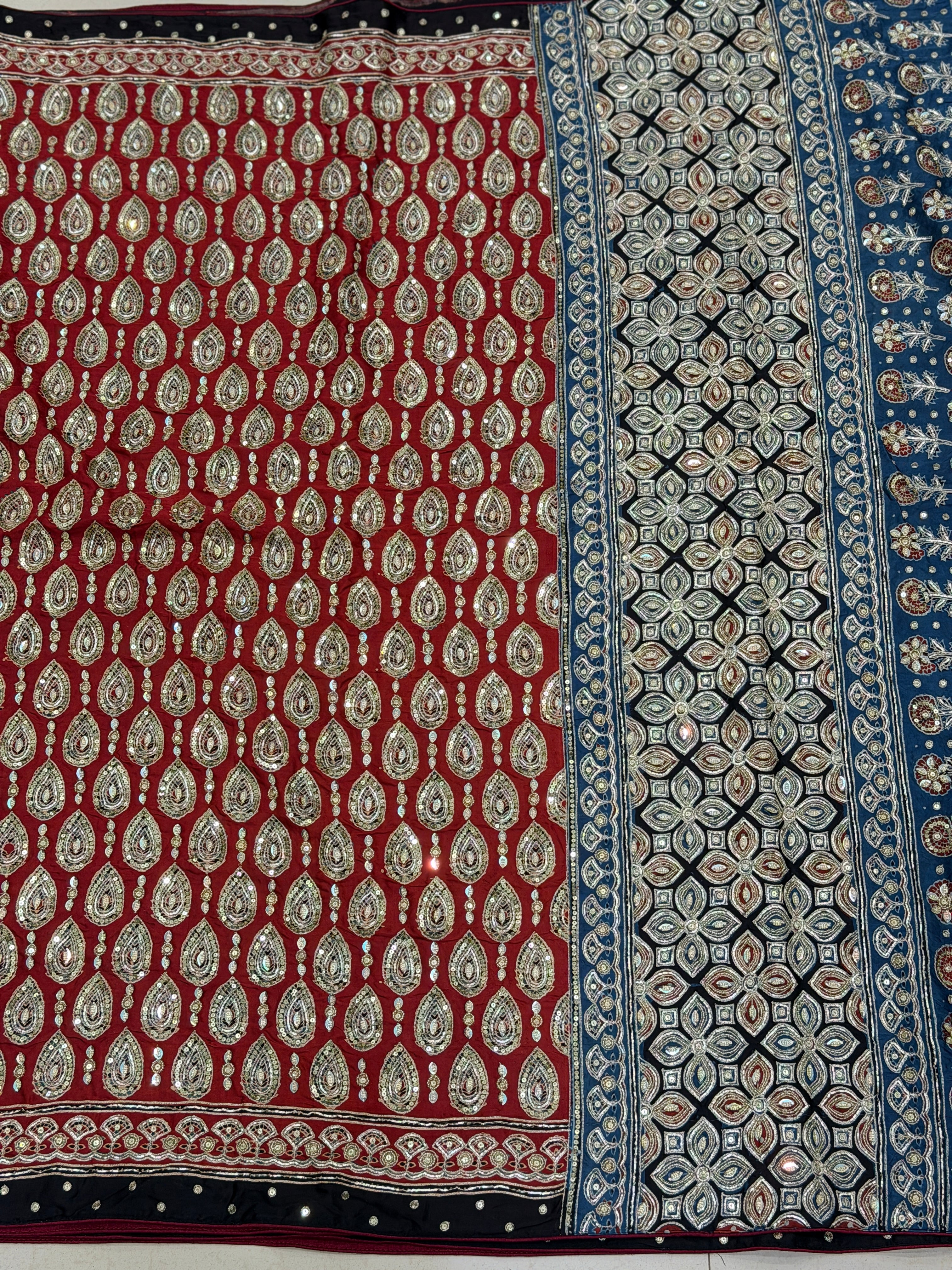 Red Keri Buttas Pita Zardosi Sequin Ajrakh Hand Embroidery Saree