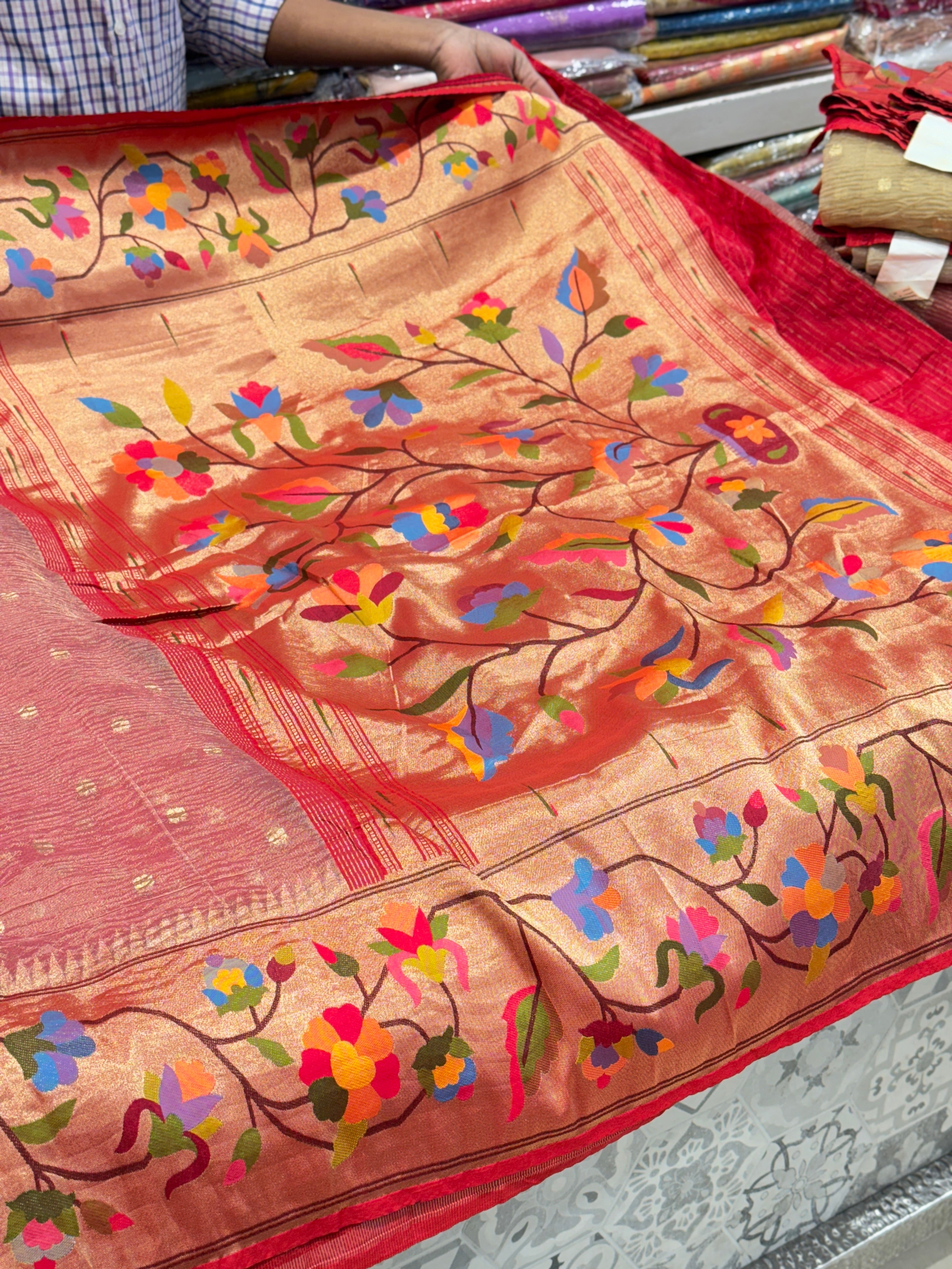 Crimson Crushed Tissue Flower Paithani Saree